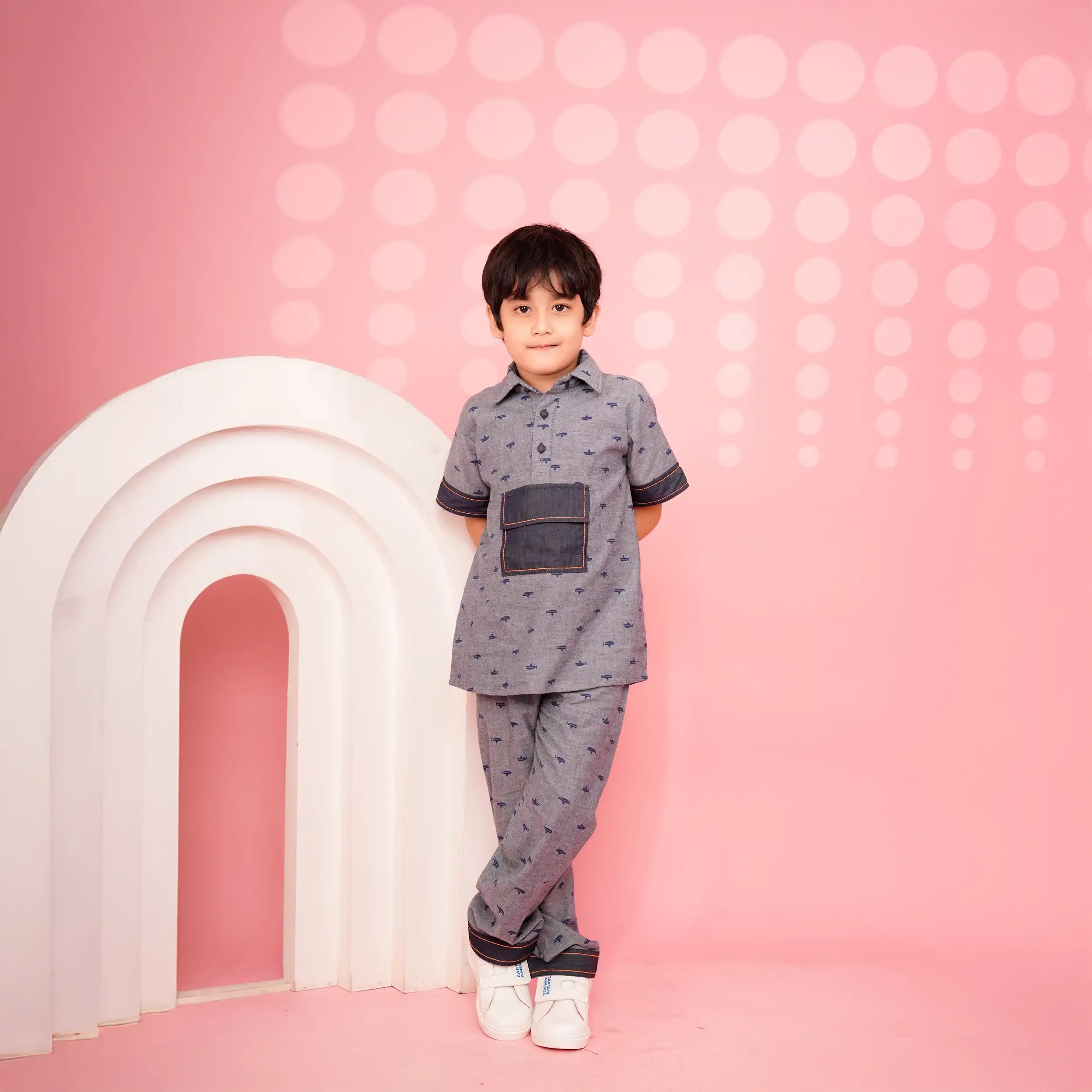 Boys’ Grey Denim  Co-Ord Set with Mini Ship Print and Contrast Pocket