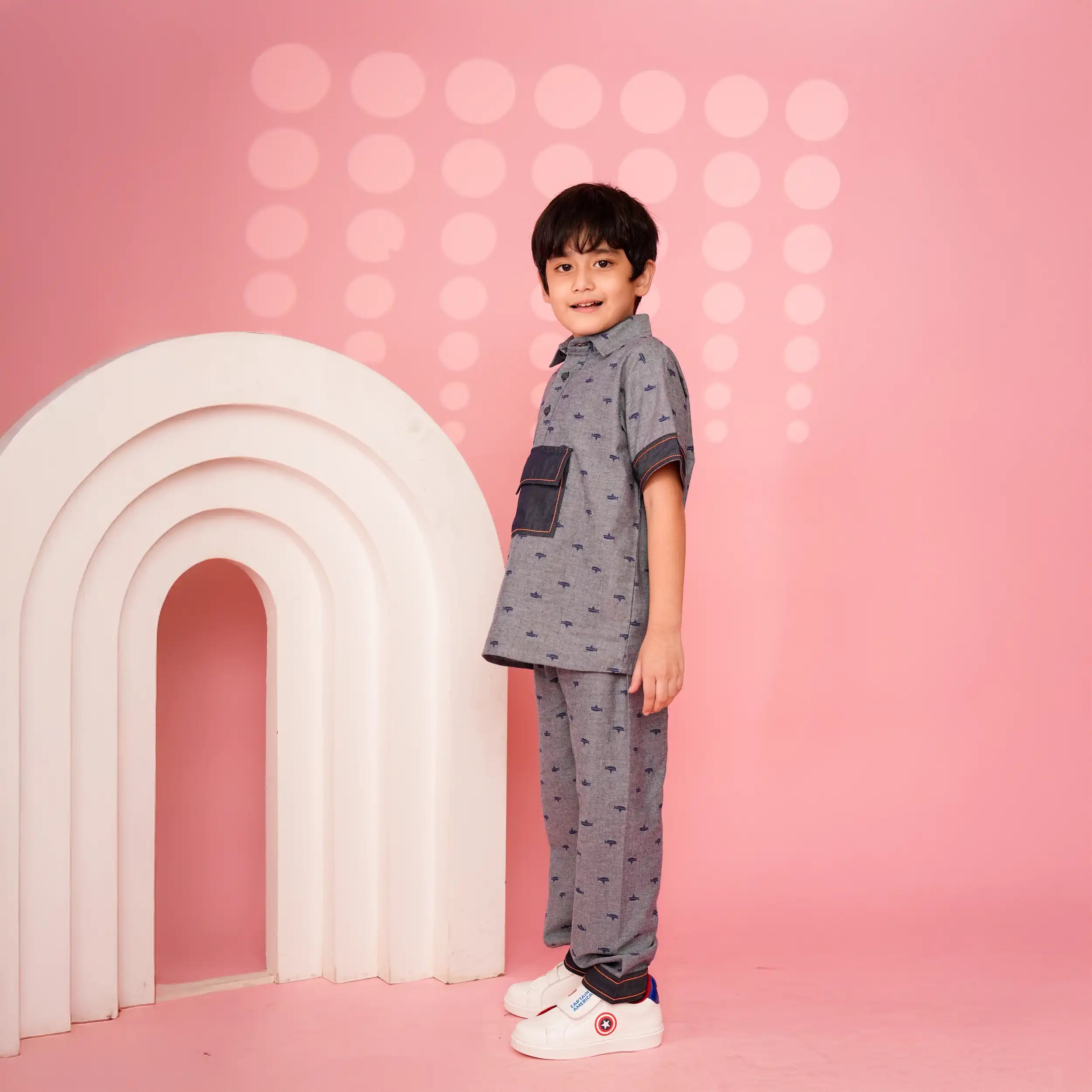 Boys’ Grey Denim  Co-Ord Set with Mini Ship Print and Contrast Pocket