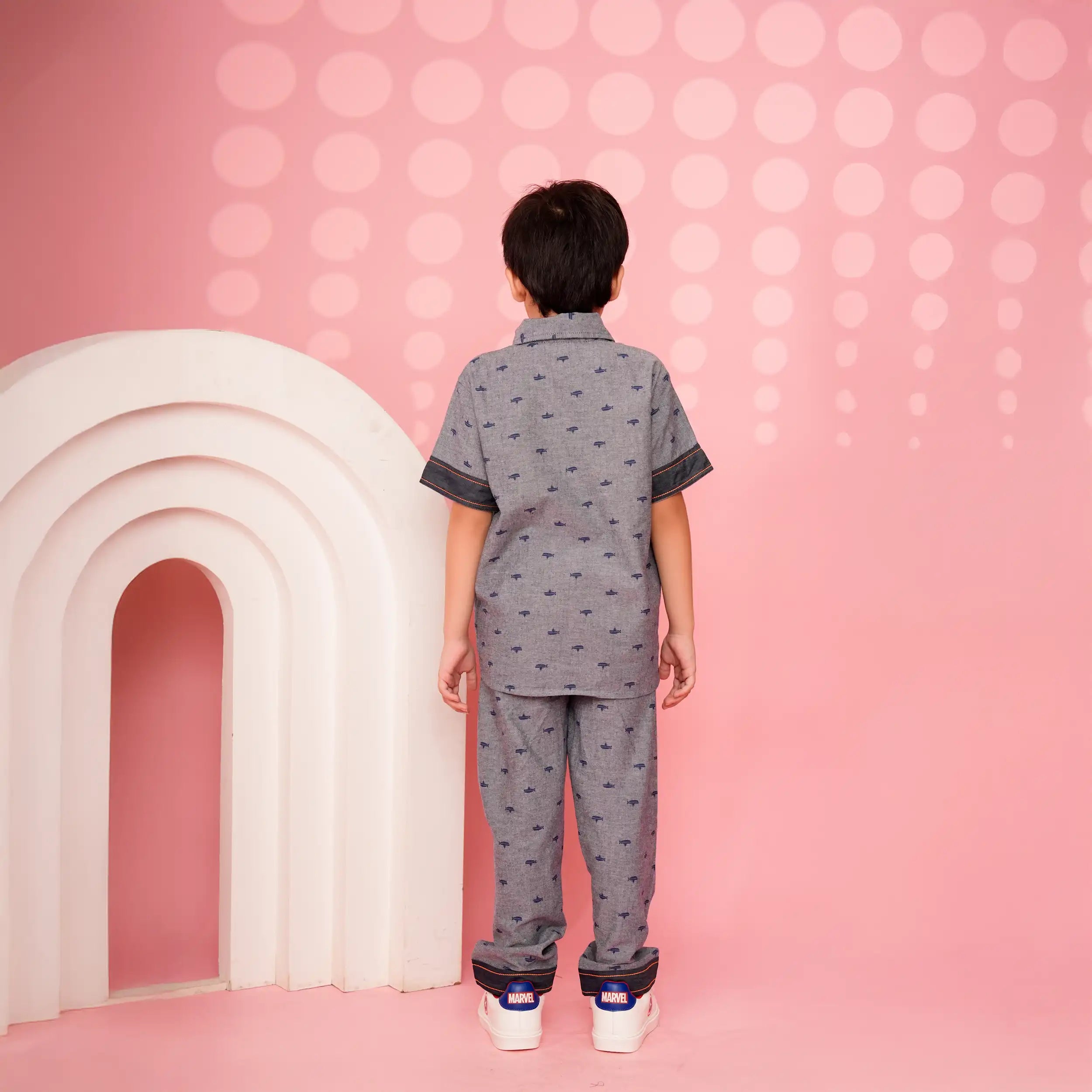 Boys’ Grey Denim  Co-Ord Set with Mini Ship Print and Contrast Pocket