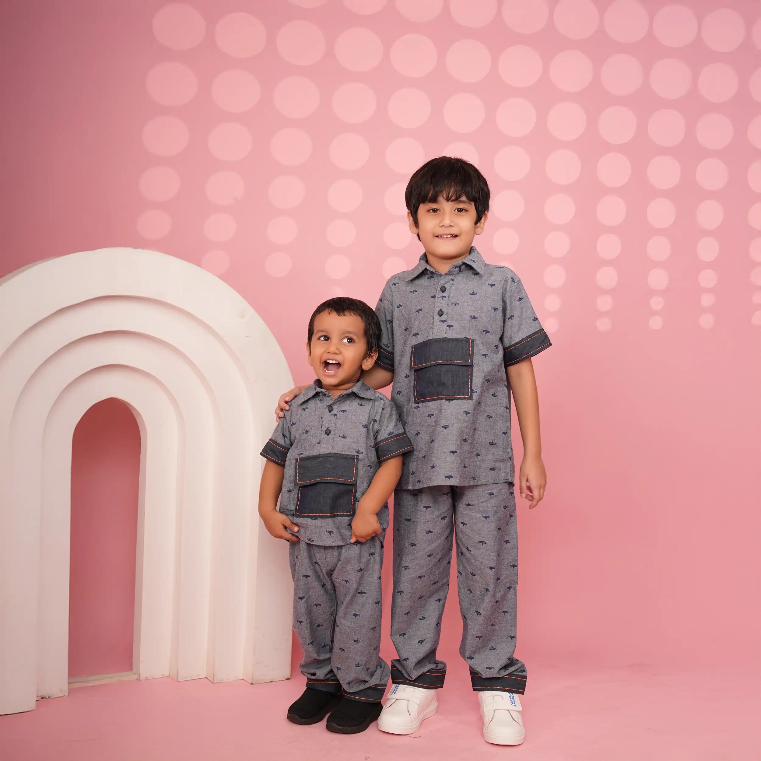 Boys’ Grey Denim  Co-Ord Set with Mini Ship Print and Contrast Pocket