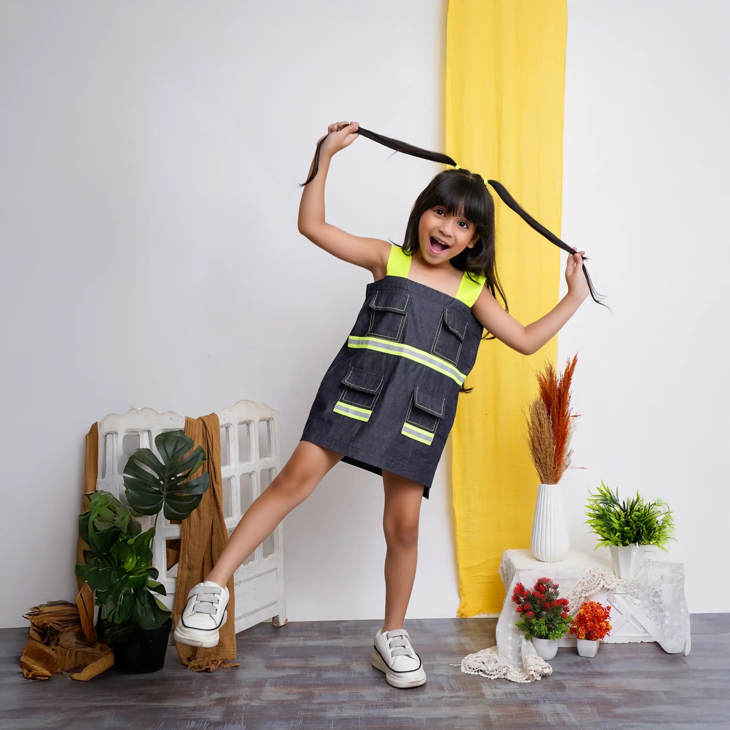 Grey Denim  Mini Dress with Reflective Neon Straps