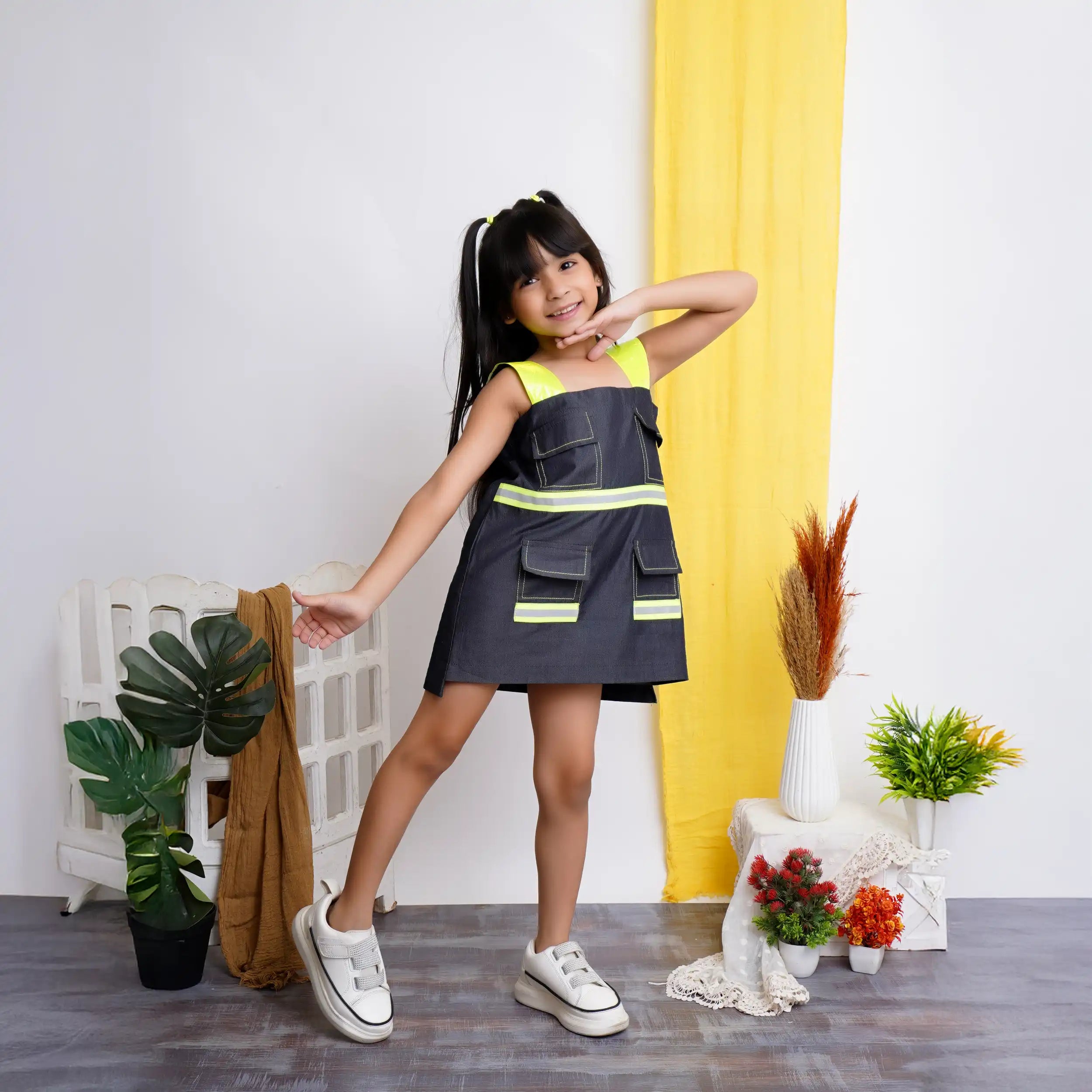 Grey Denim  Mini Dress with Reflective Neon Straps