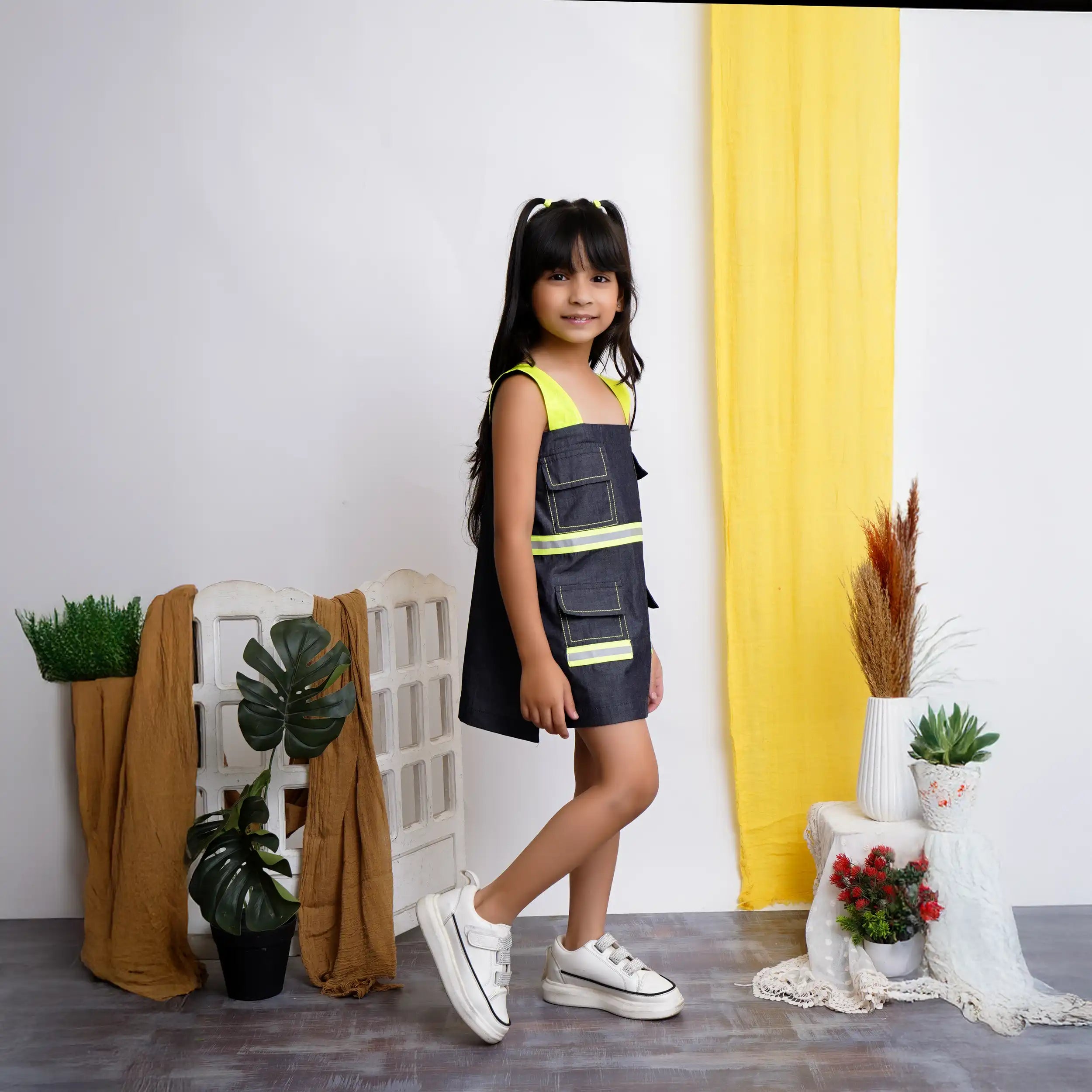 Grey Denim  Mini Dress with Reflective Neon Straps