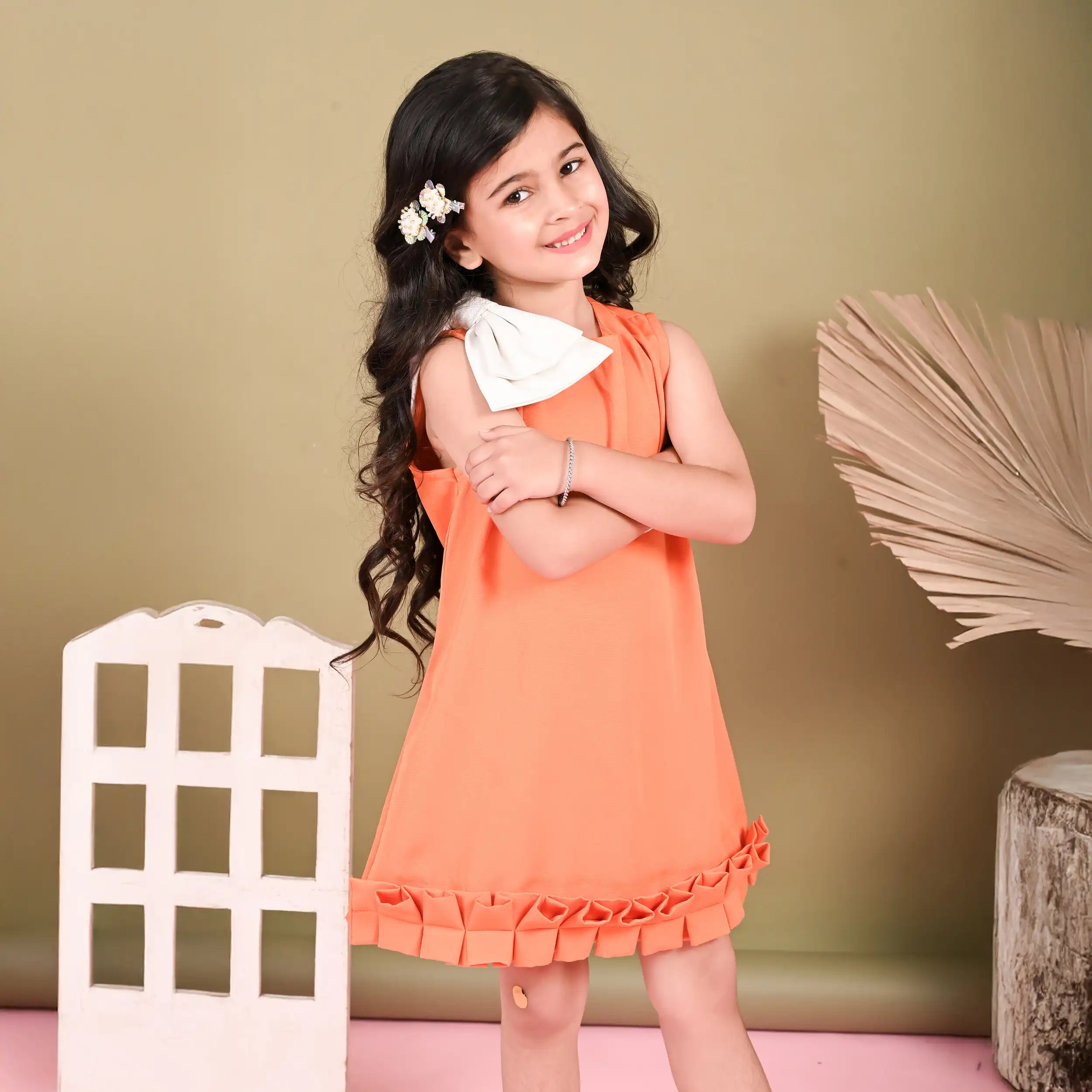Citrus Charm  Bow Dress With Pleated Border