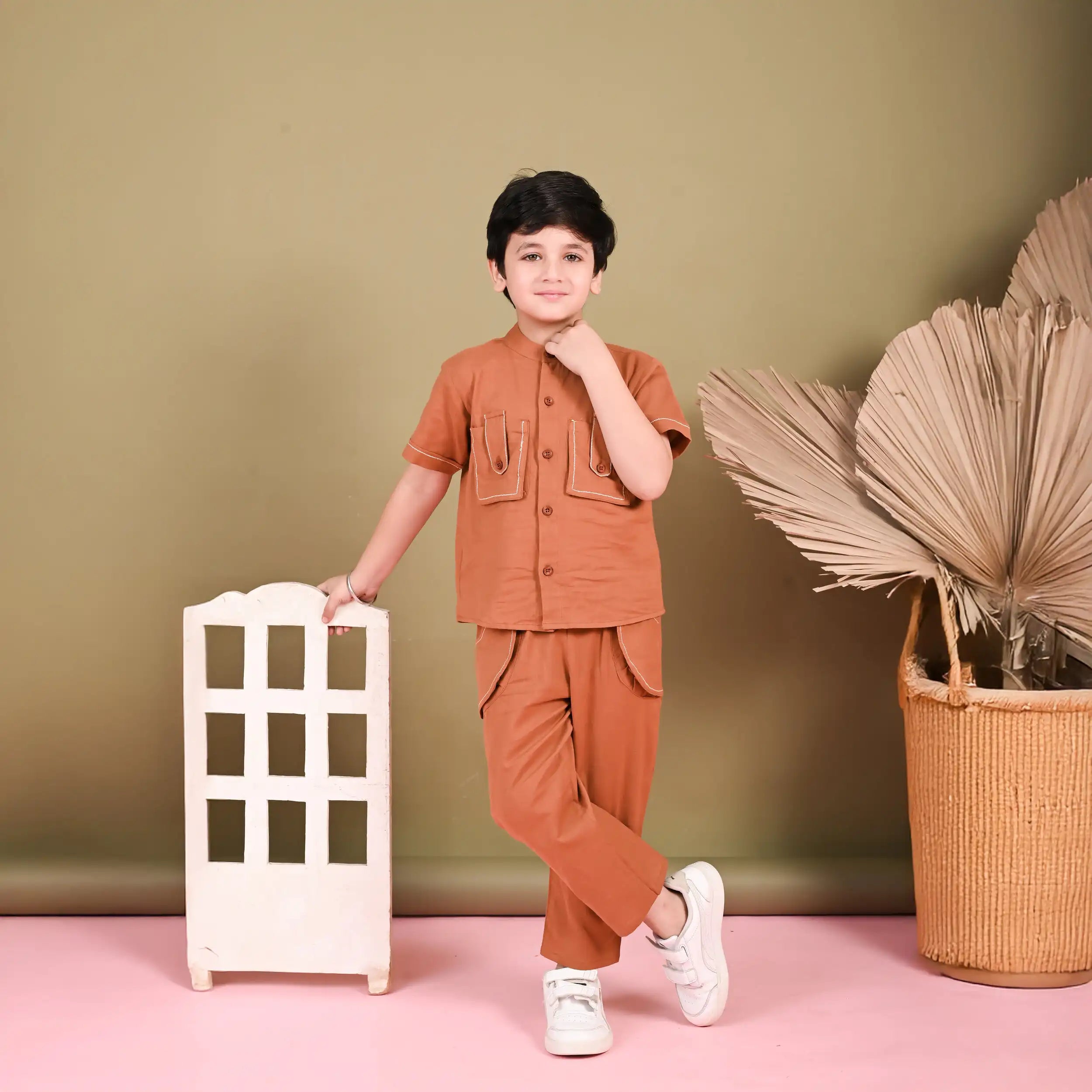 Tan Soft Cotton  Co-ord Set with Anchor  Detailing