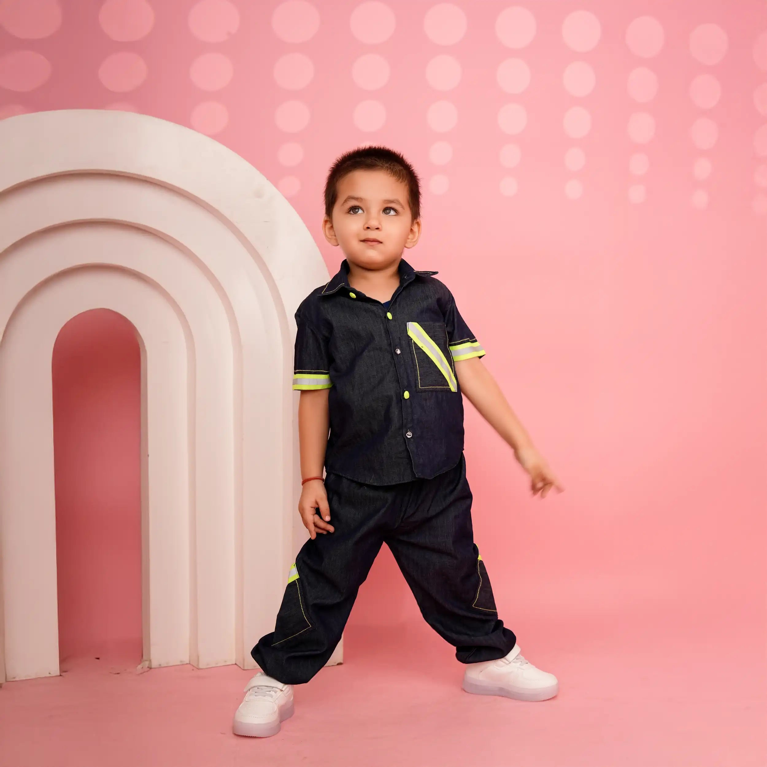 Dark Denim Co-ord Set with Neon Pop Details