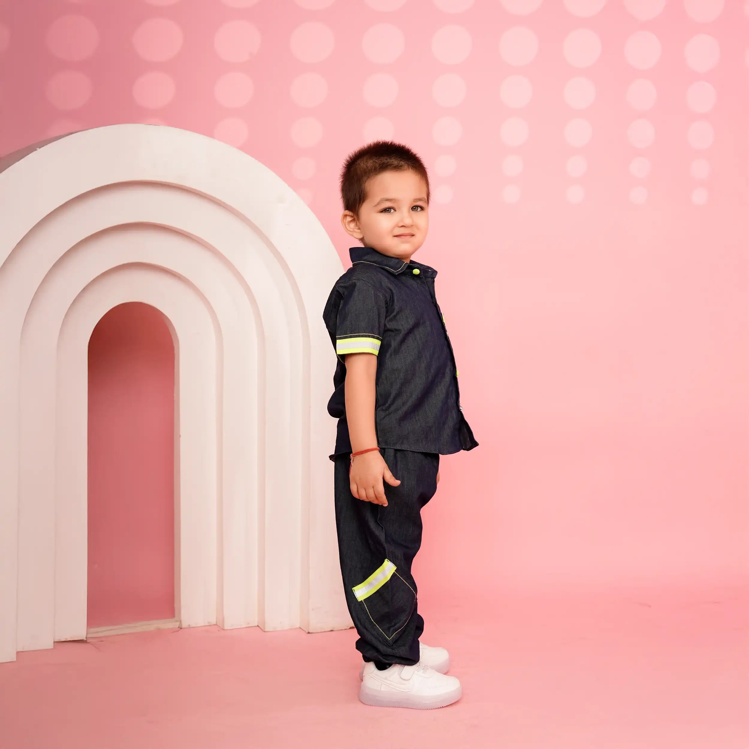 Dark Denim Co-ord Set with Neon Pop Details