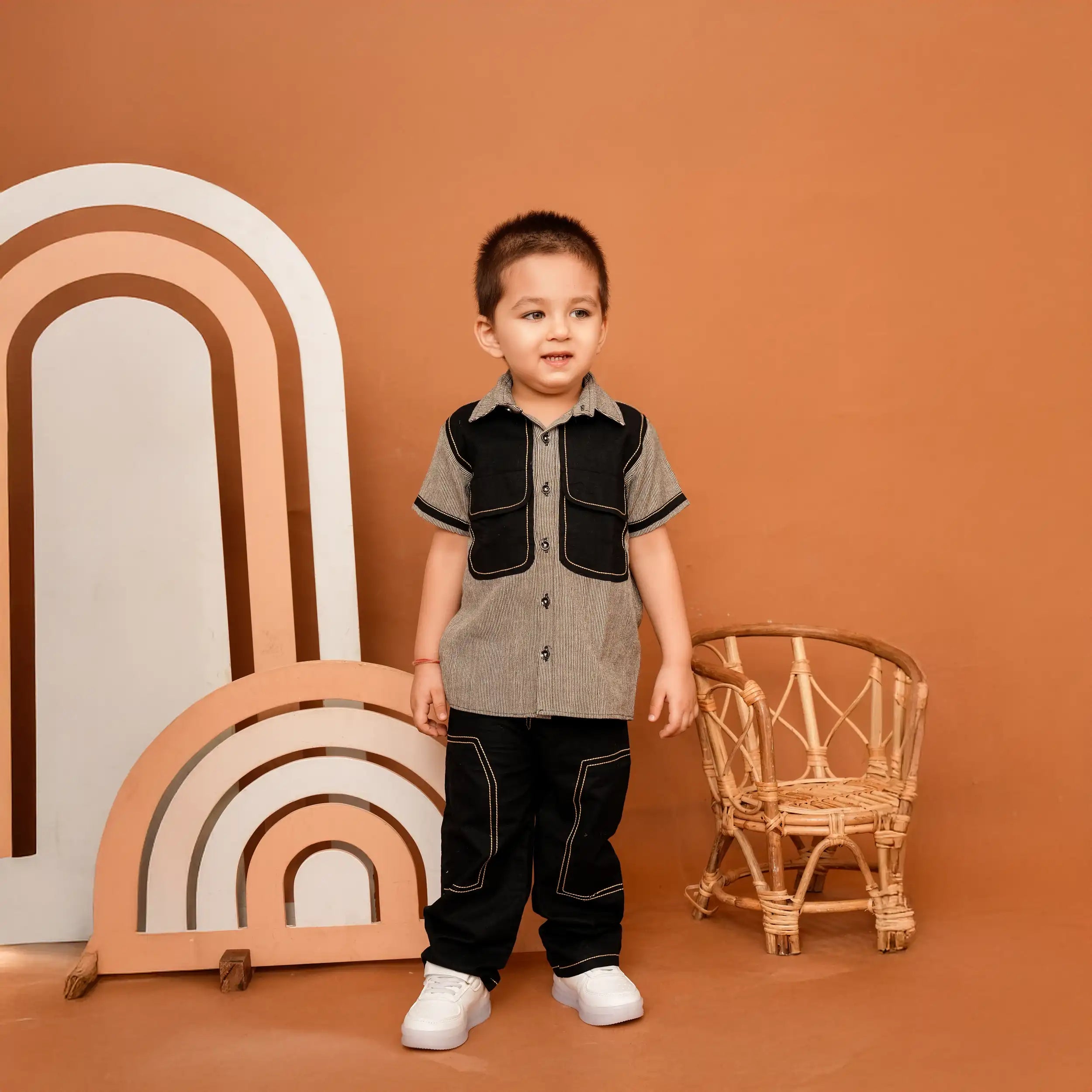 Brown Striped Co-ord Set with Abstract Pocket Shirt & Anchor Detail