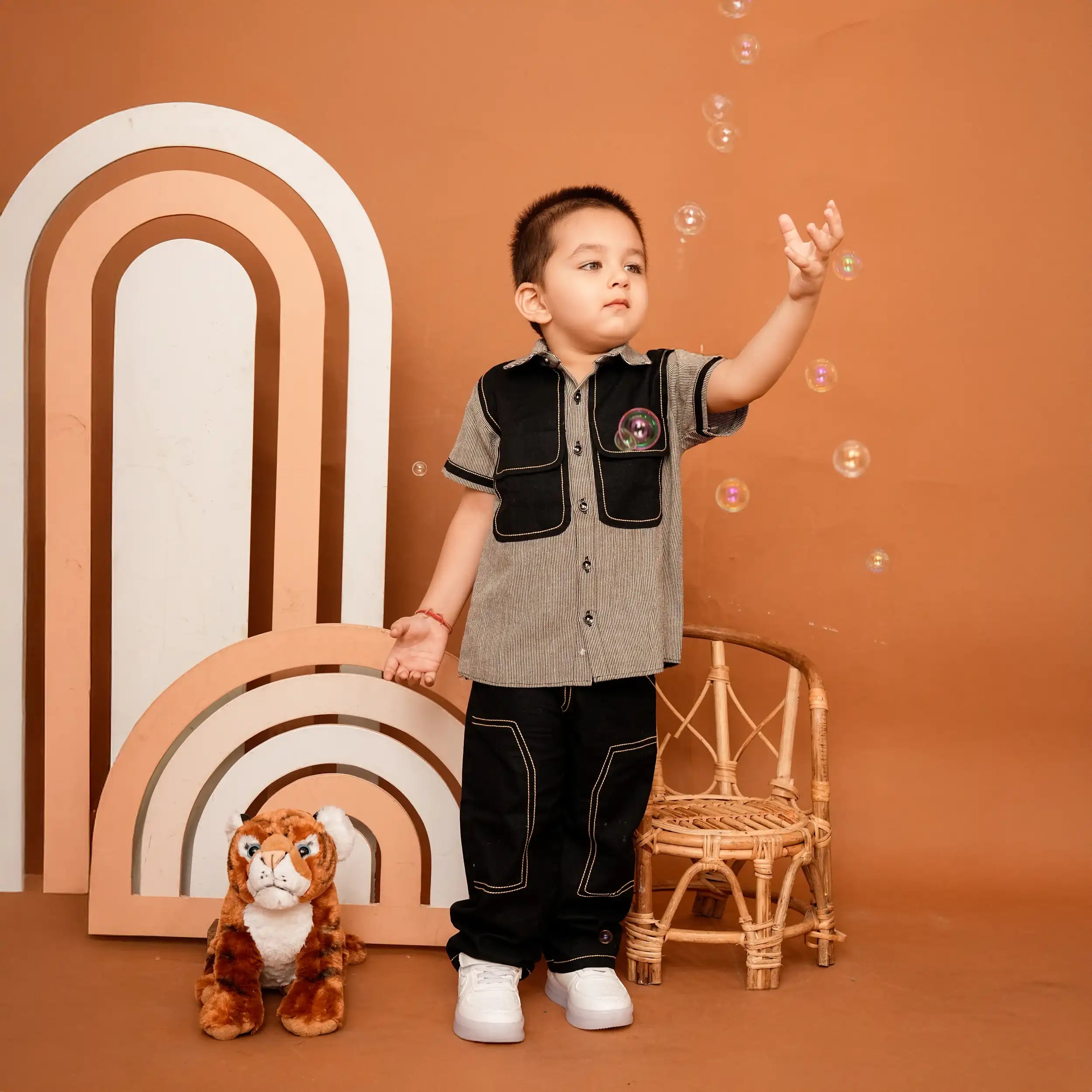 Brown Striped Co-ord Set with Abstract Pocket Shirt & Anchor Detail