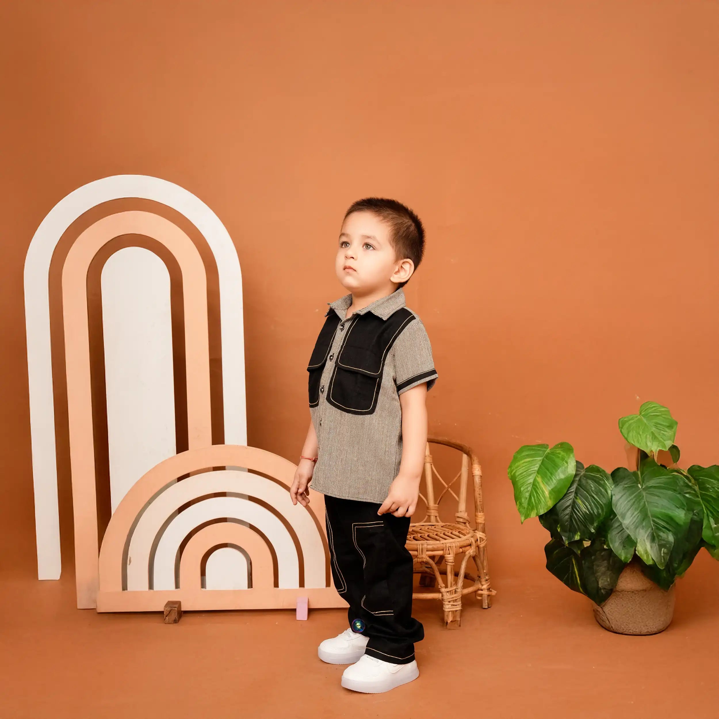 Brown Striped Co-ord Set with Abstract Pocket Shirt & Anchor Detail