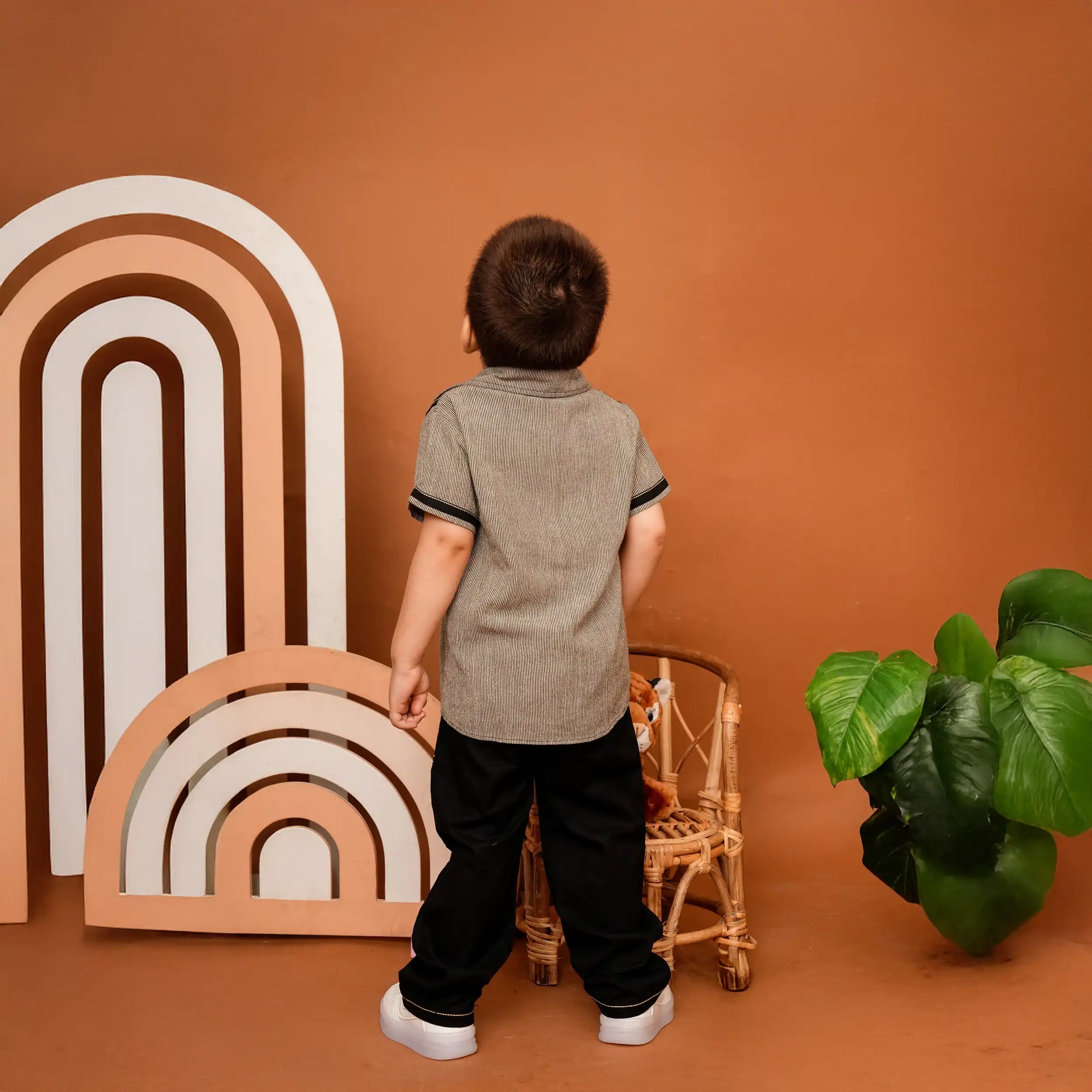 Brown Striped Co-ord Set with Abstract Pocket Shirt & Anchor Detail