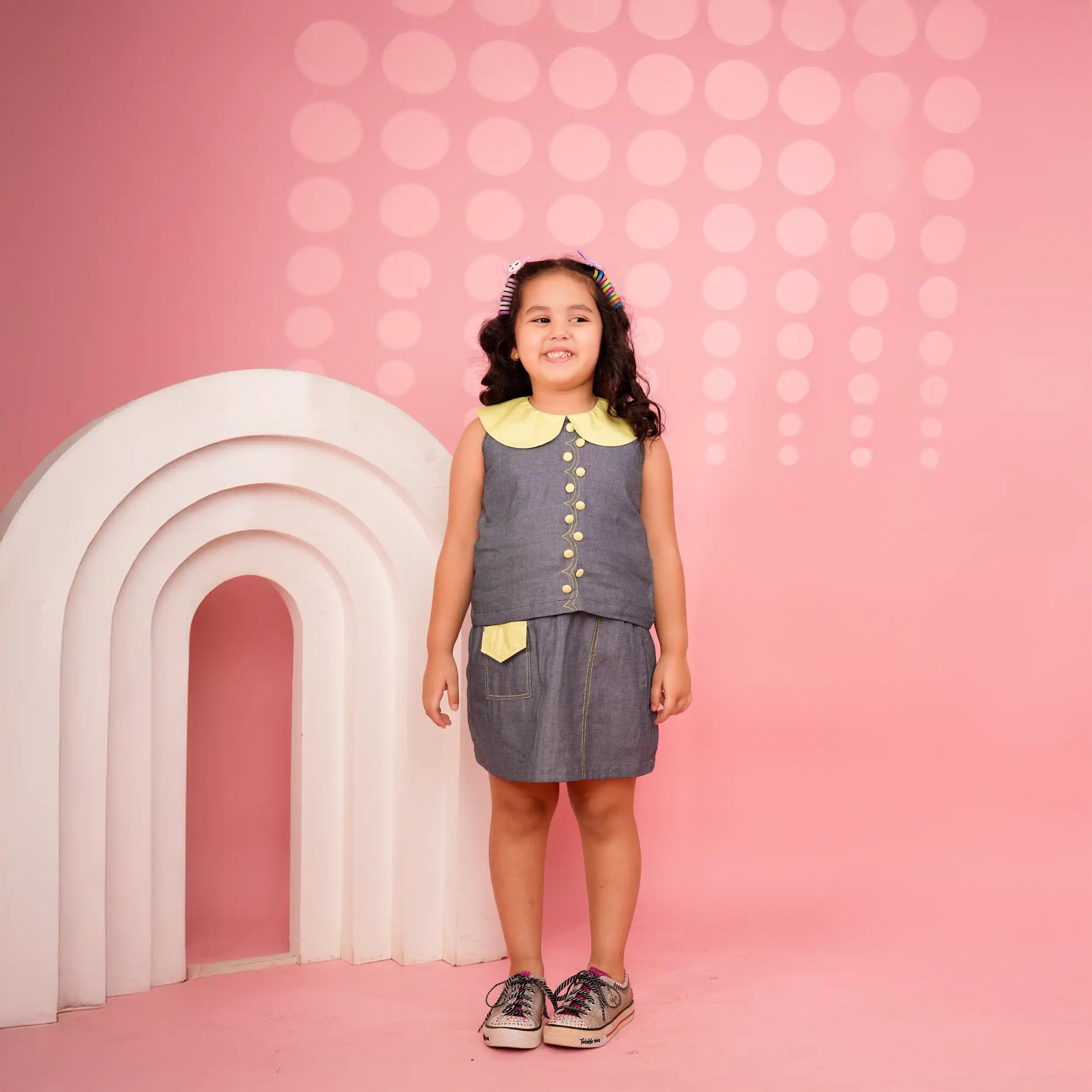 Denim Crop Top & Skirt Set with Neon Collar and Anchor Detailing