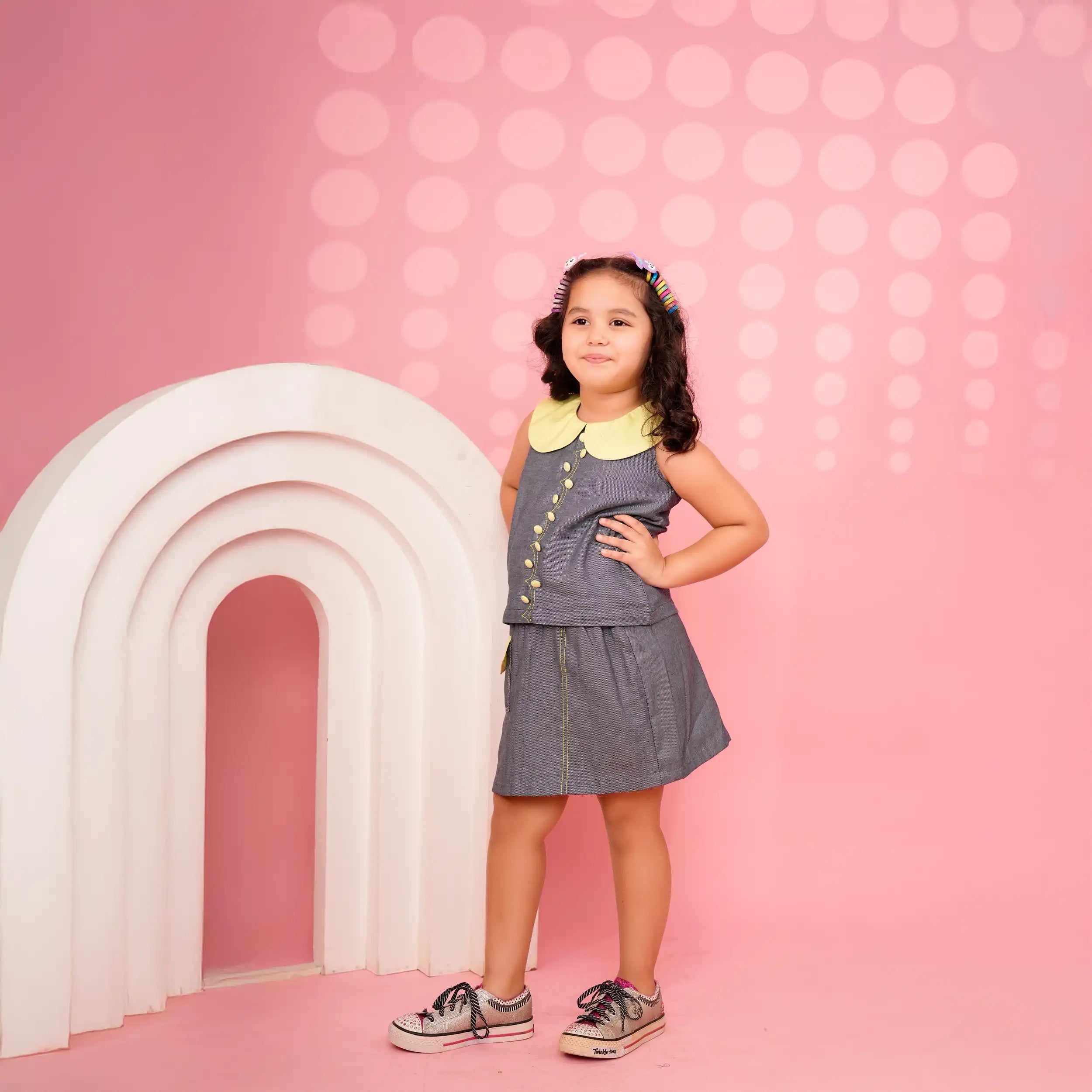 Denim Crop Top & Skirt Set with Neon Collar and Anchor Detailing