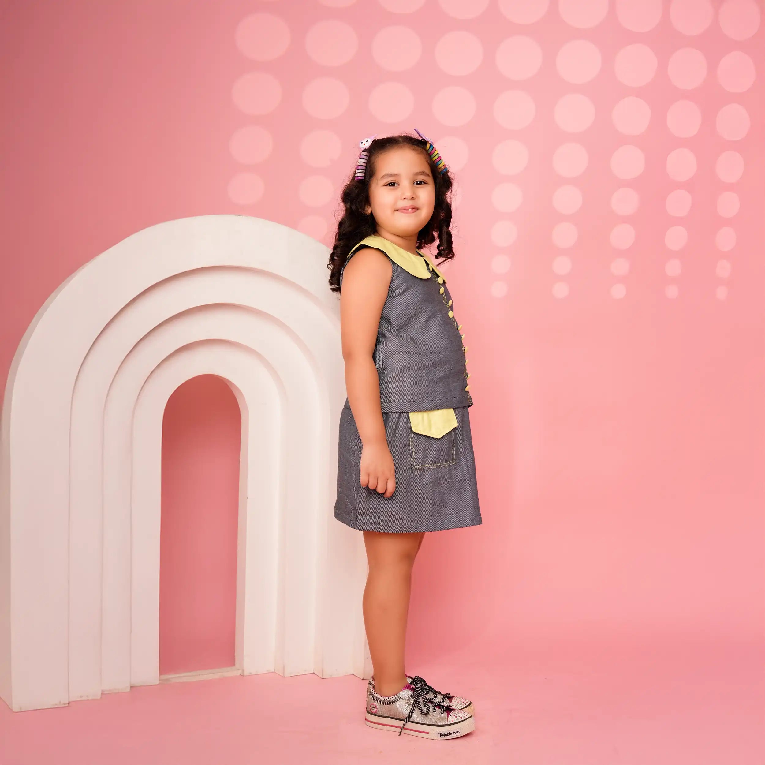 Denim Crop Top & Skirt Set with Neon Collar and Anchor Detailing