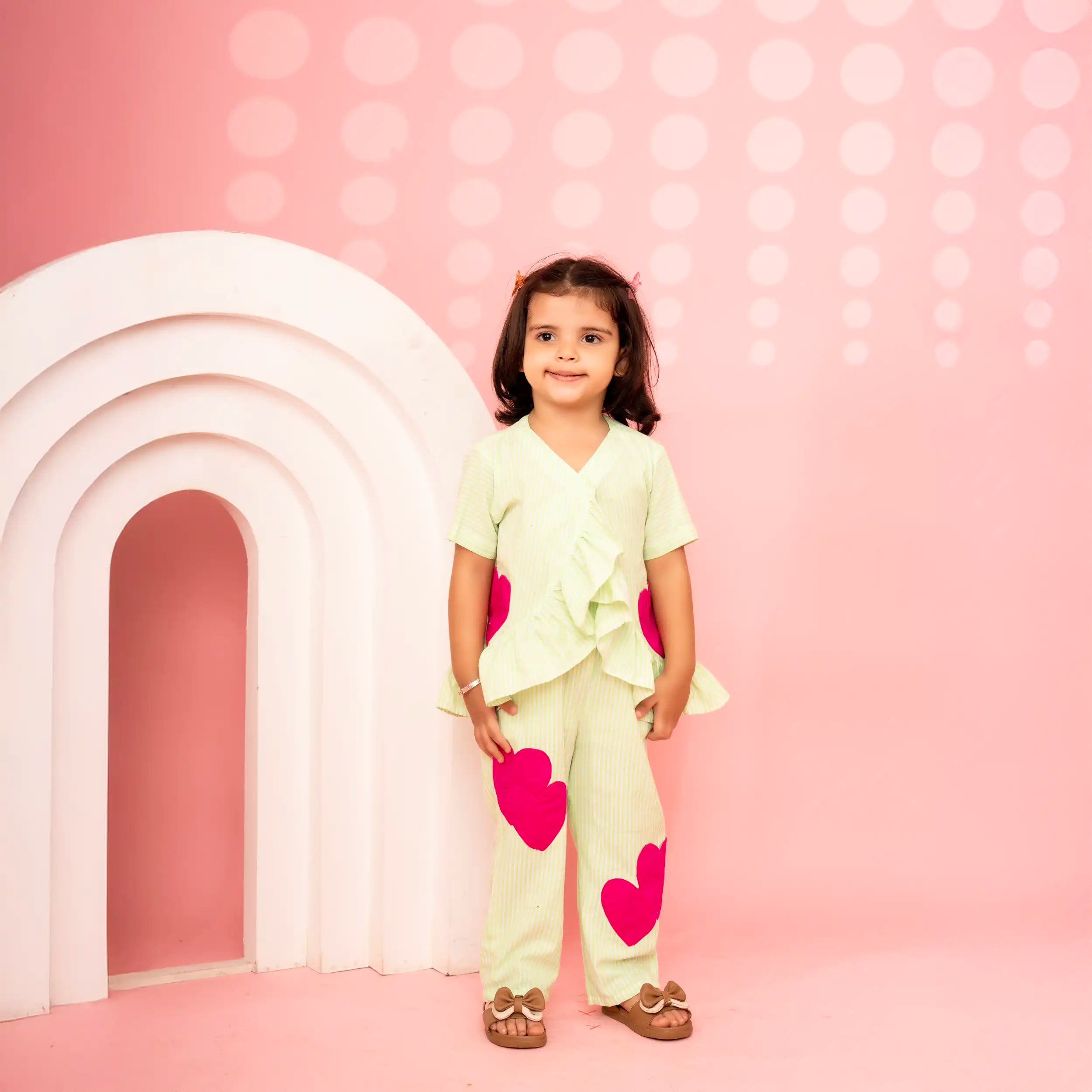 Green Stripe Ruffle Cotton Co-ord with Pink Heart Patches