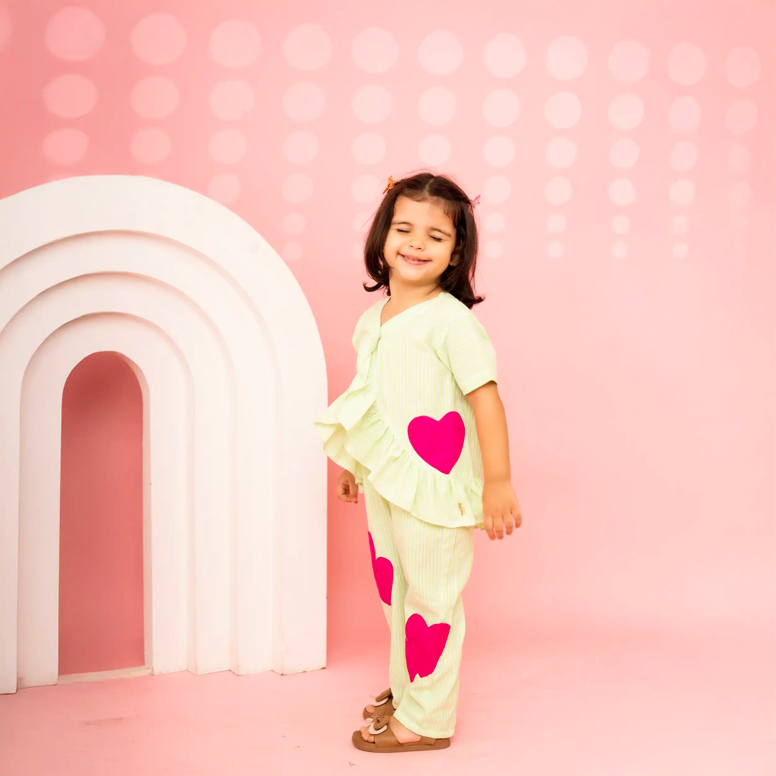 Green Stripe Ruffle Cotton Co-ord with Pink Heart Patches