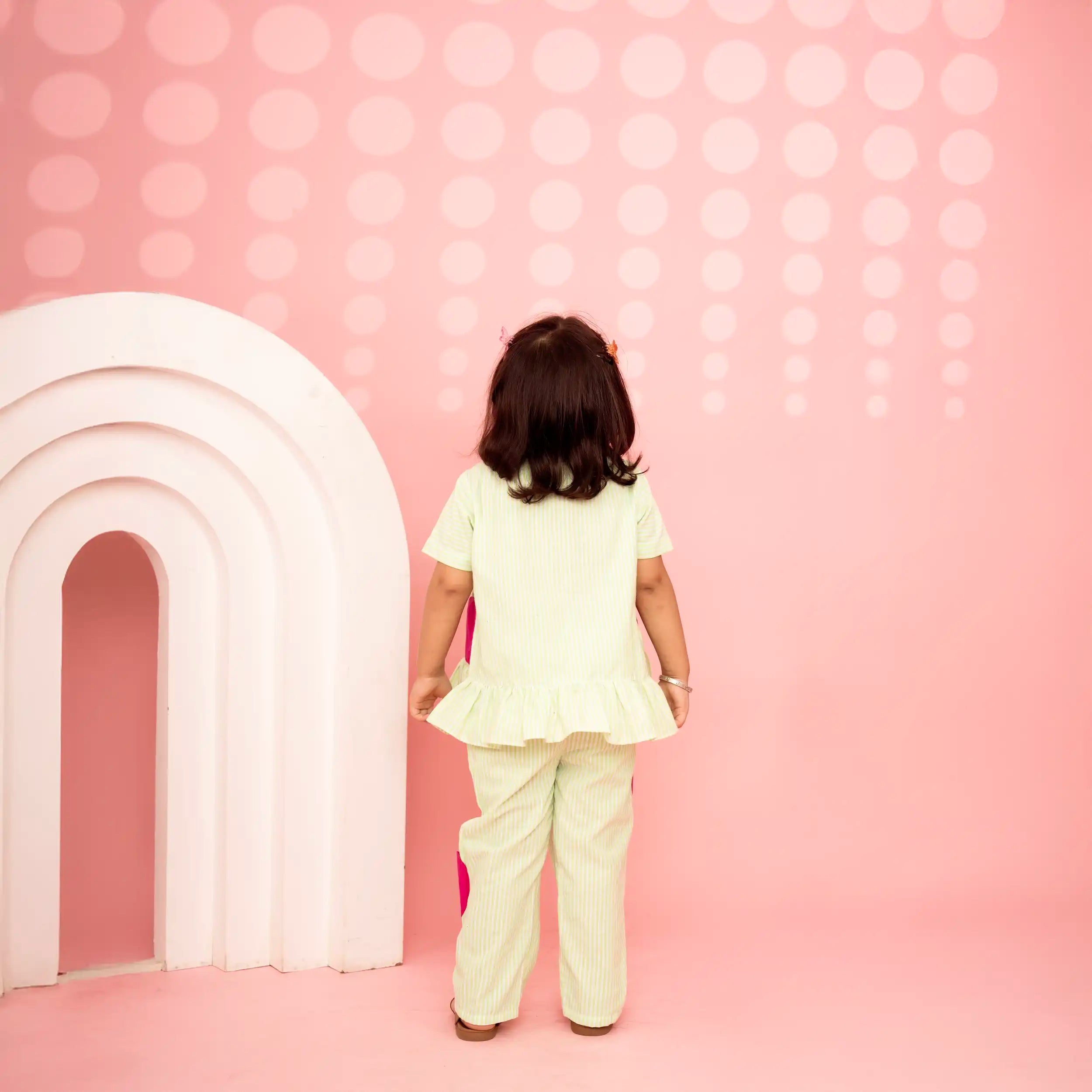 Green Stripe Ruffle Cotton Co-ord with Pink Heart Patches