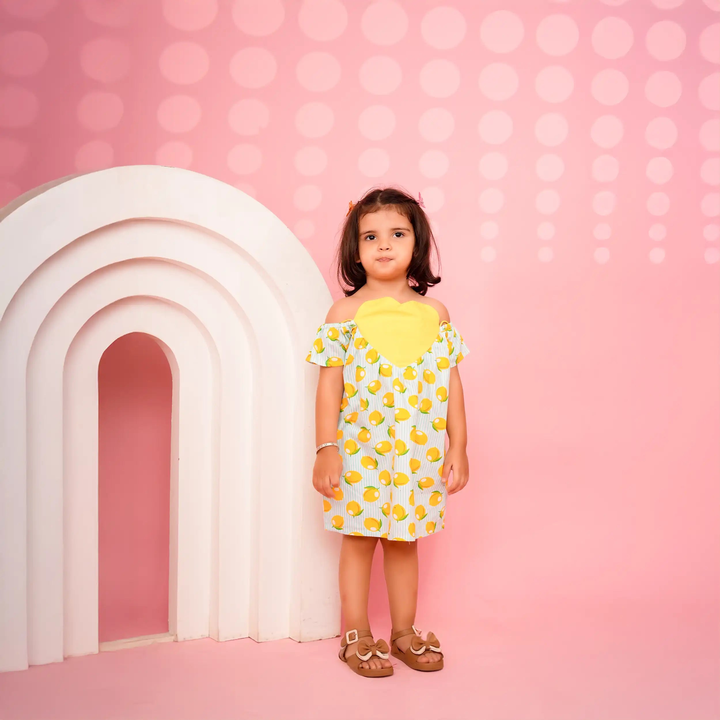 Lemon Striped Cotton Dress with Yellow Heart & Strappy Neck