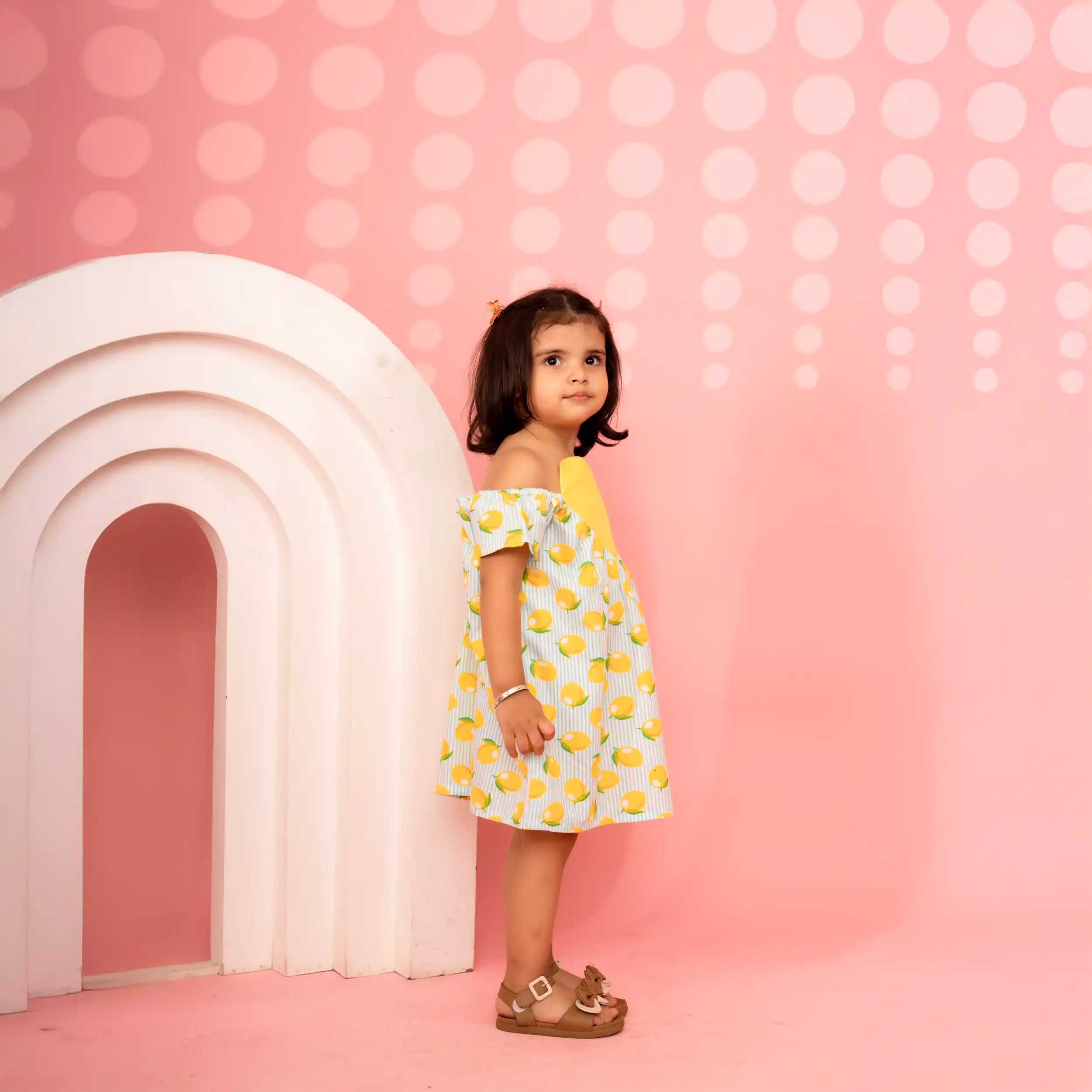 Lemon Striped Cotton Dress with Yellow Heart & Strappy Neck