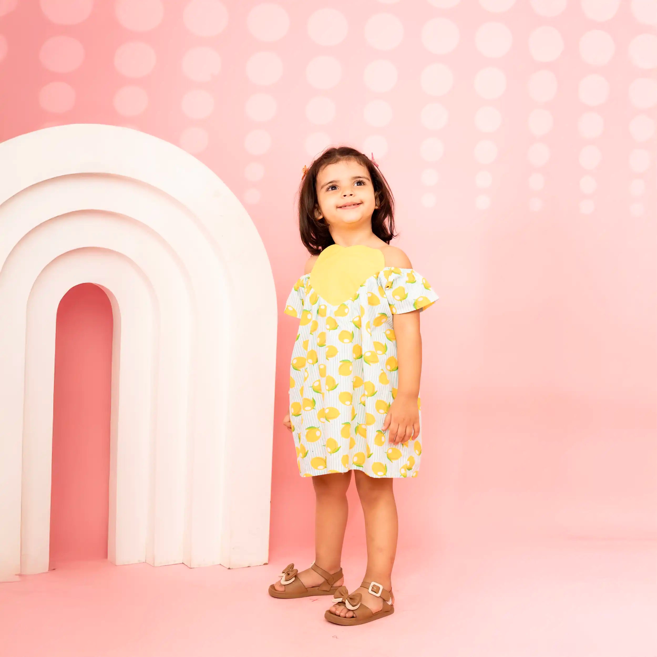 Lemon Striped Cotton Dress with Yellow Heart & Strappy Neck