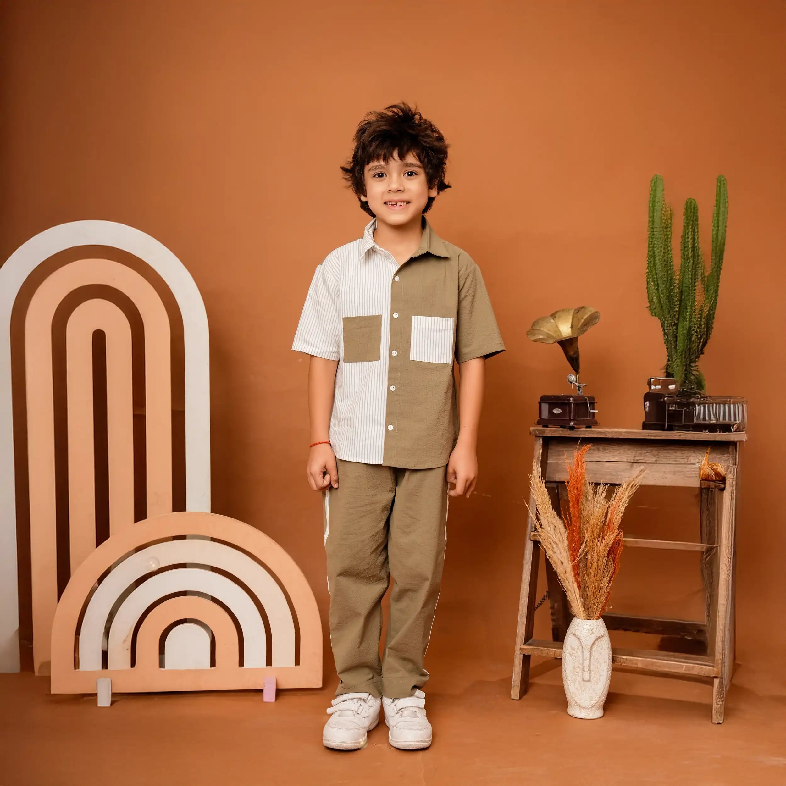 Olive Striped Cotton Co-ord Set in Half & Half Oversized Design