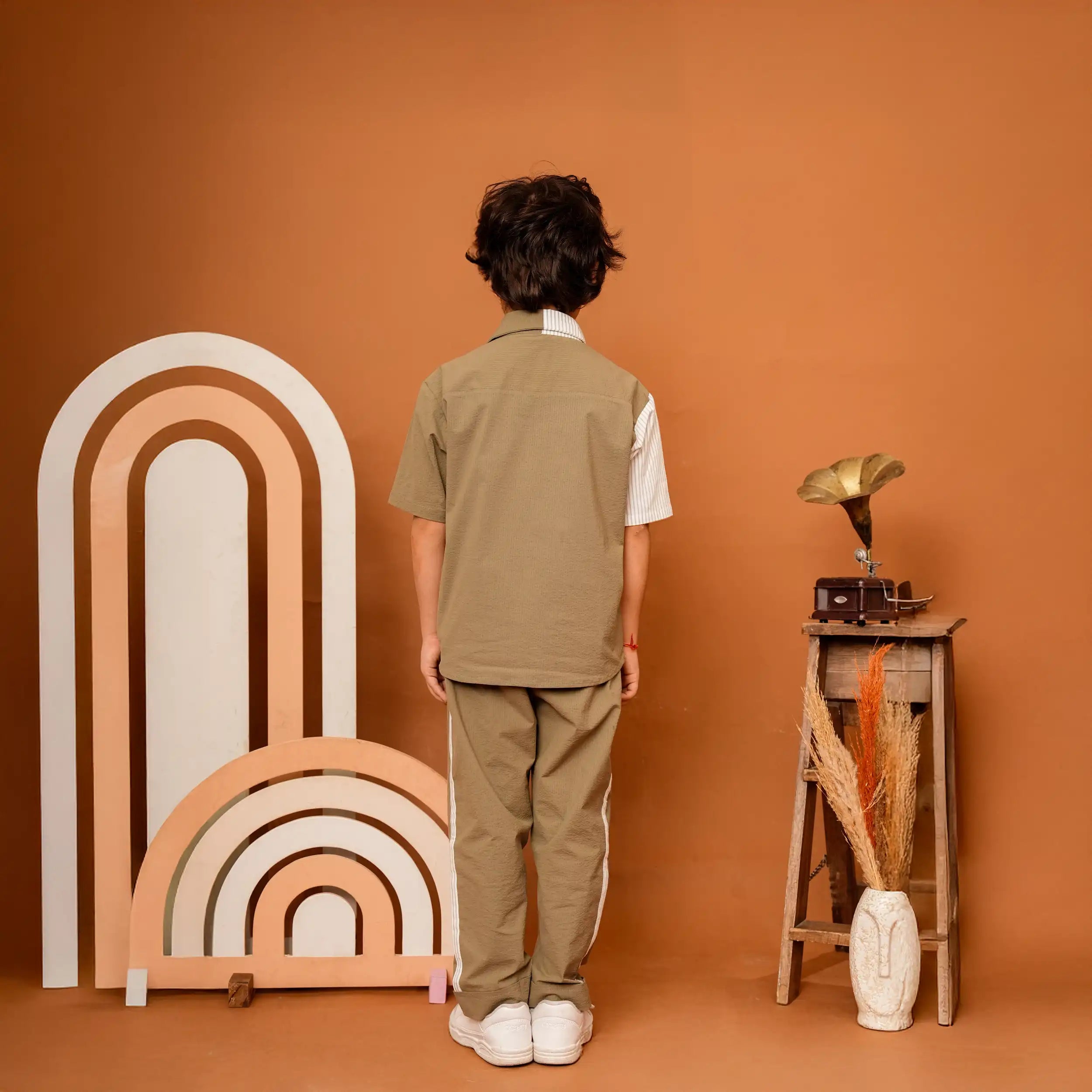 Olive Striped Cotton Co-ord Set in Half & Half Oversized Design