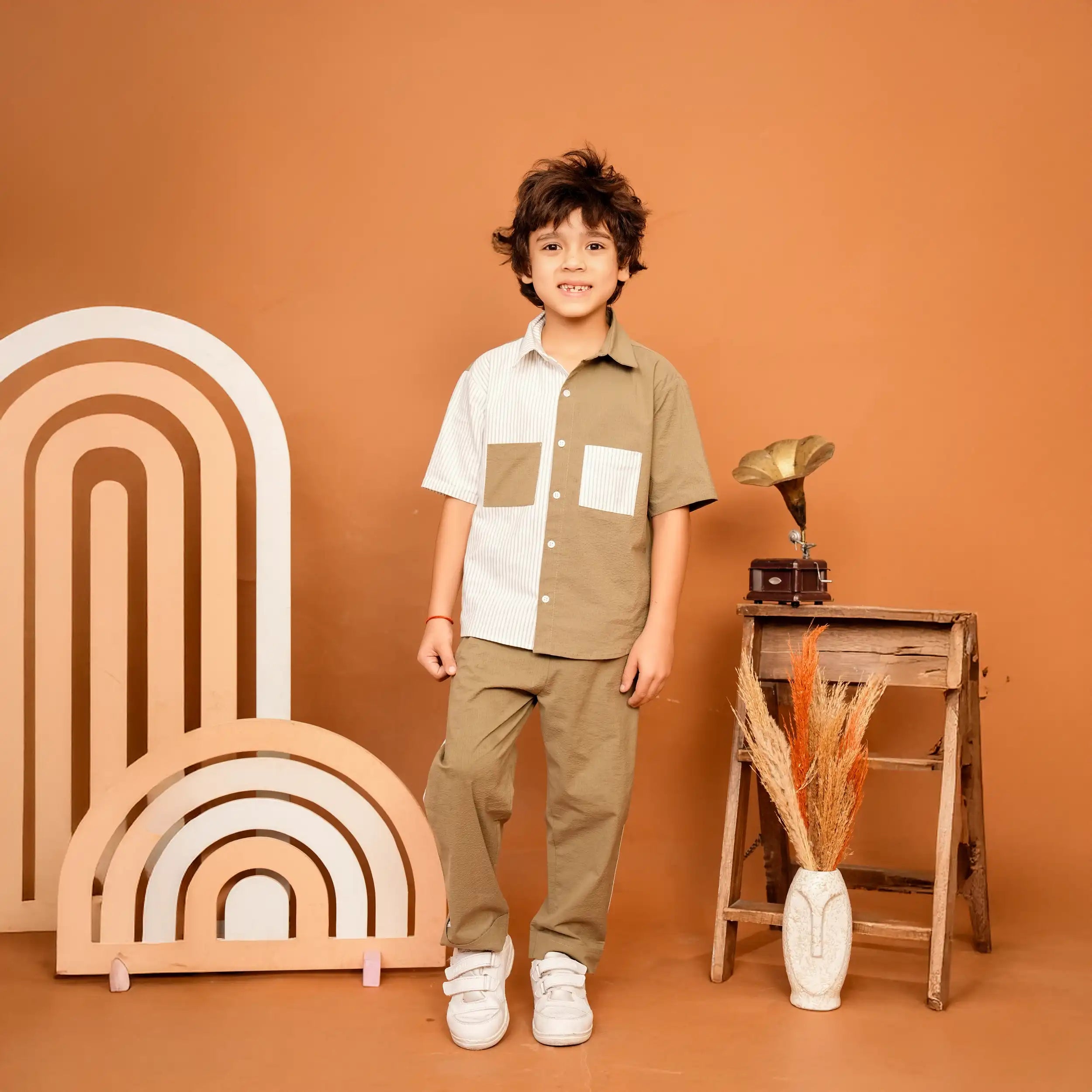 Olive Striped Cotton Co-ord Set in Half & Half Oversized Design