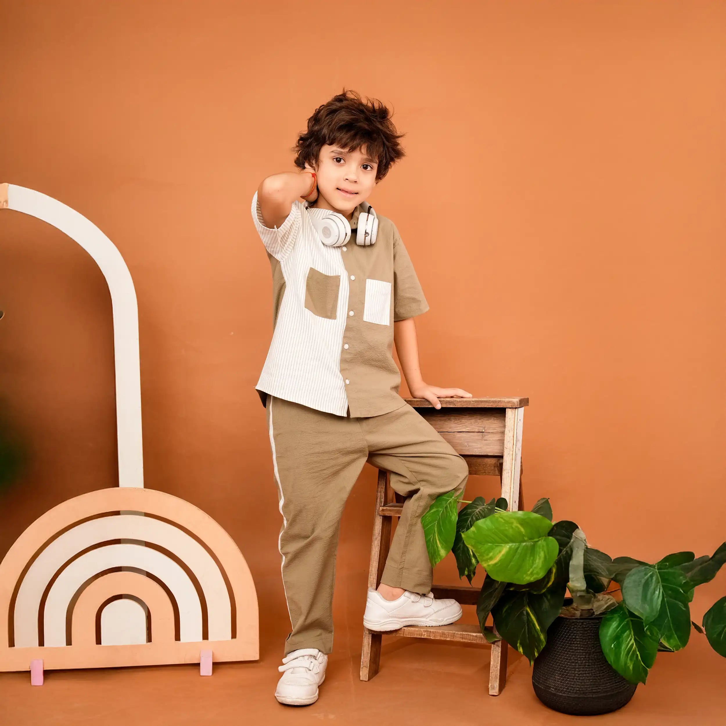 Olive Striped Cotton Co-ord Set in Half & Half Oversized Design