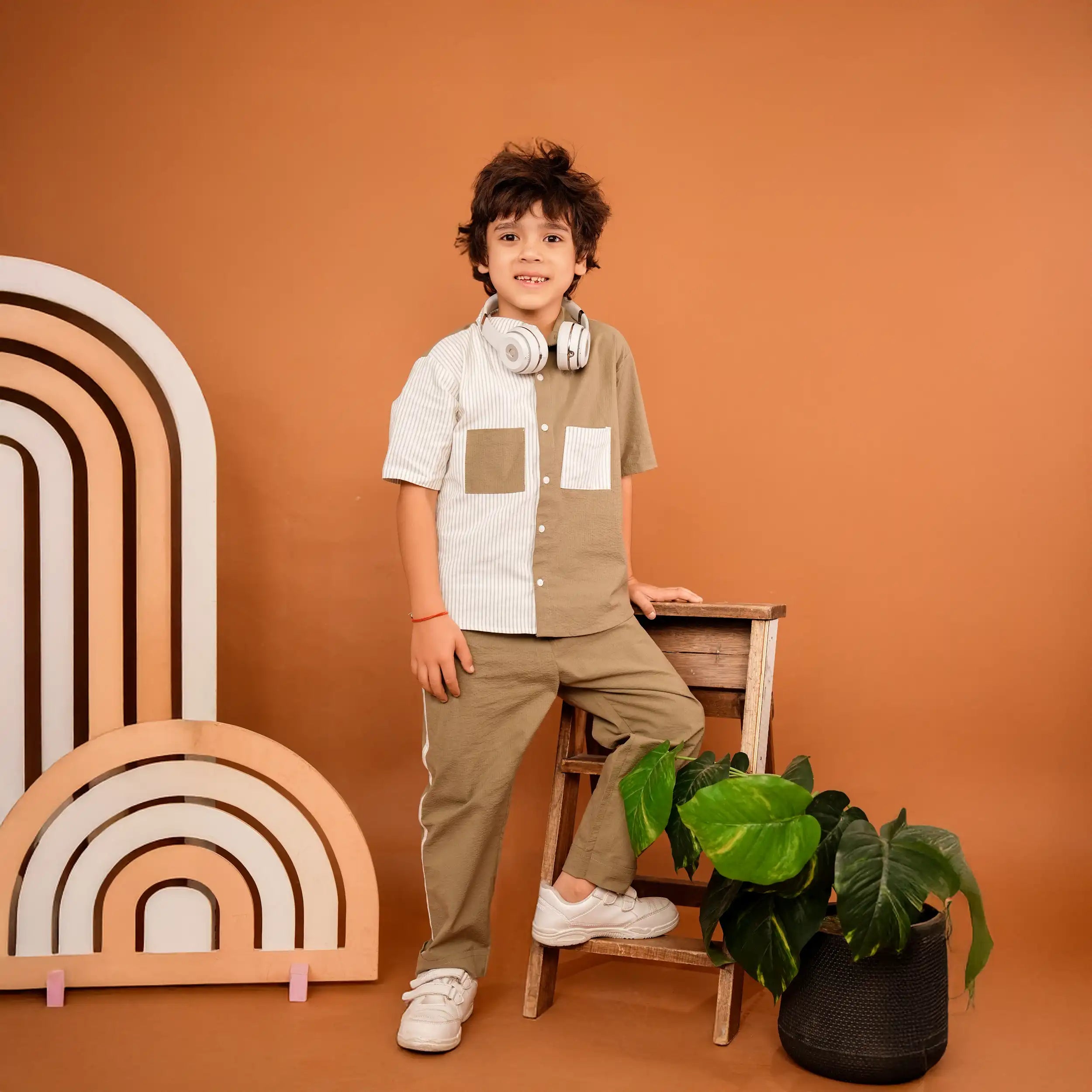 Olive Striped Cotton Co-ord Set in Half & Half Oversized Design