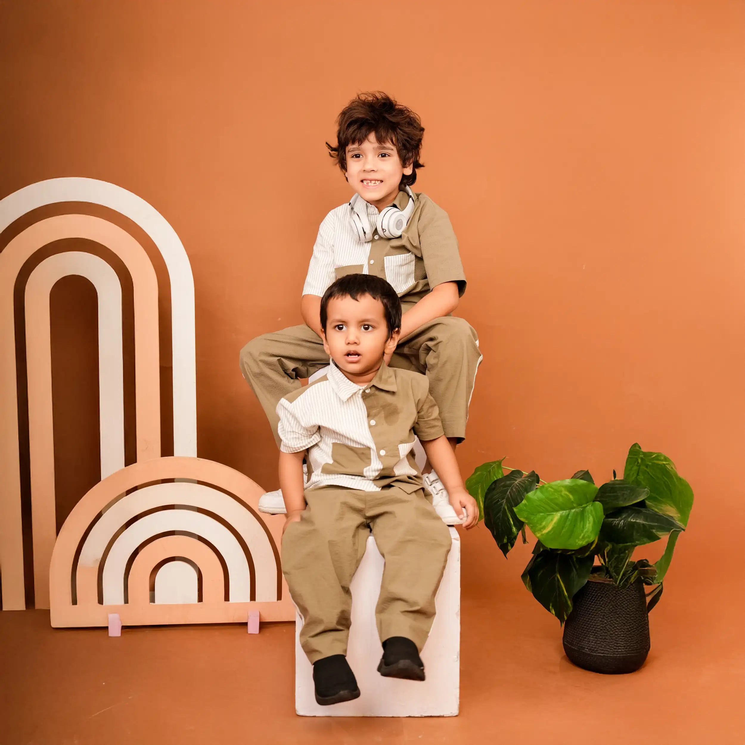 Olive Striped Cotton Co-ord Set in Half & Half Oversized Design