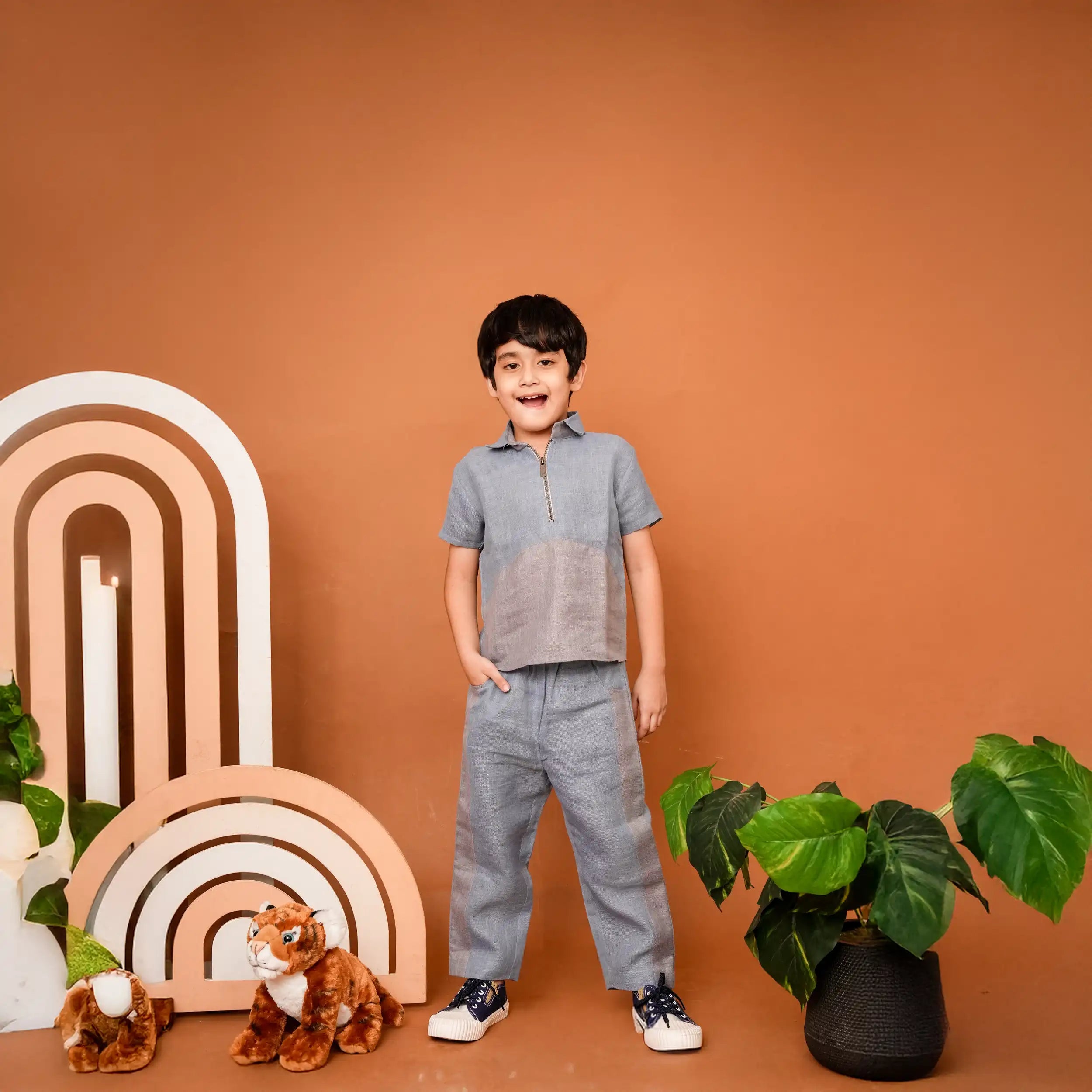 Pure Linen Co-Ord Set in Grey & Blue tone