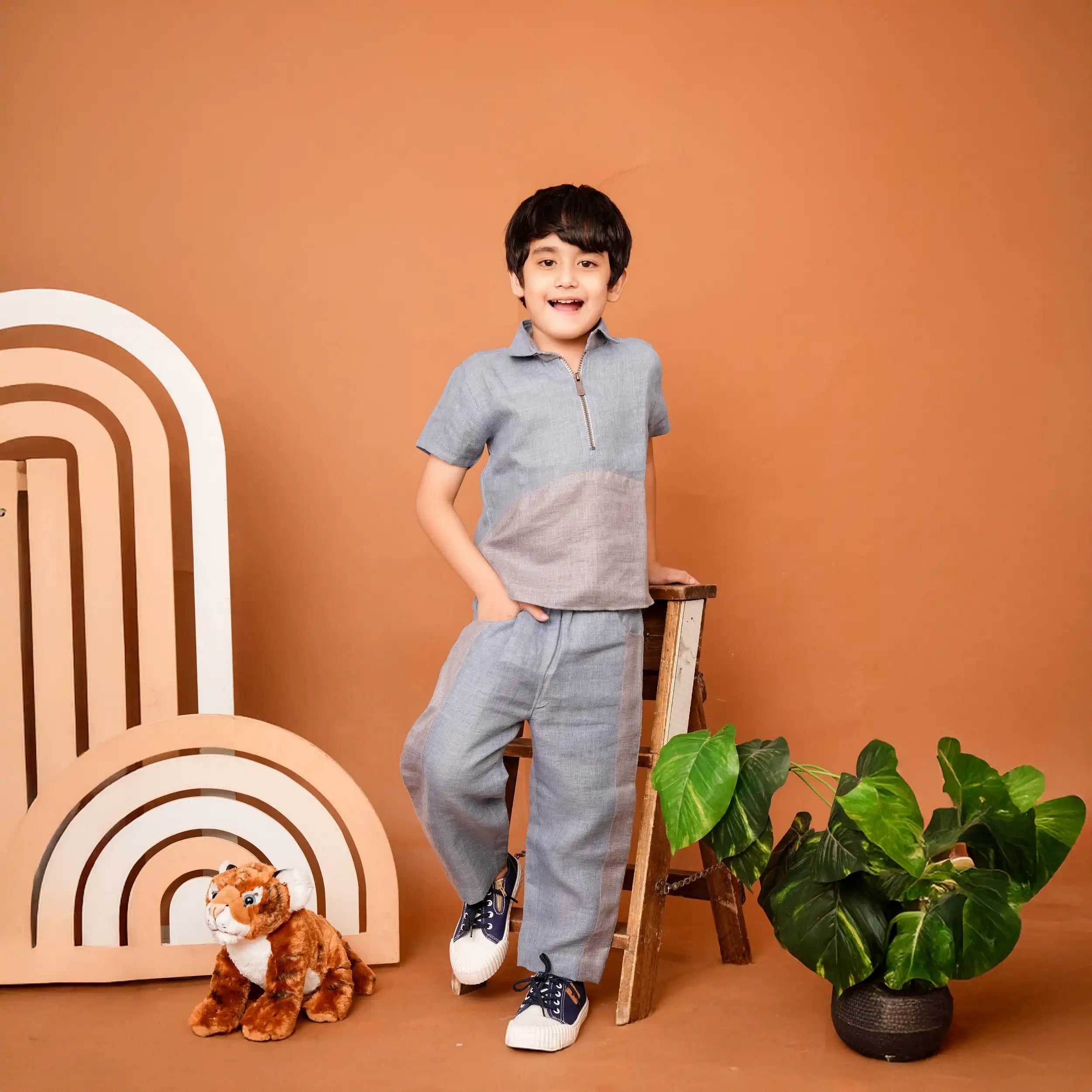 Pure Linen Co-Ord Set in Grey & Blue tone