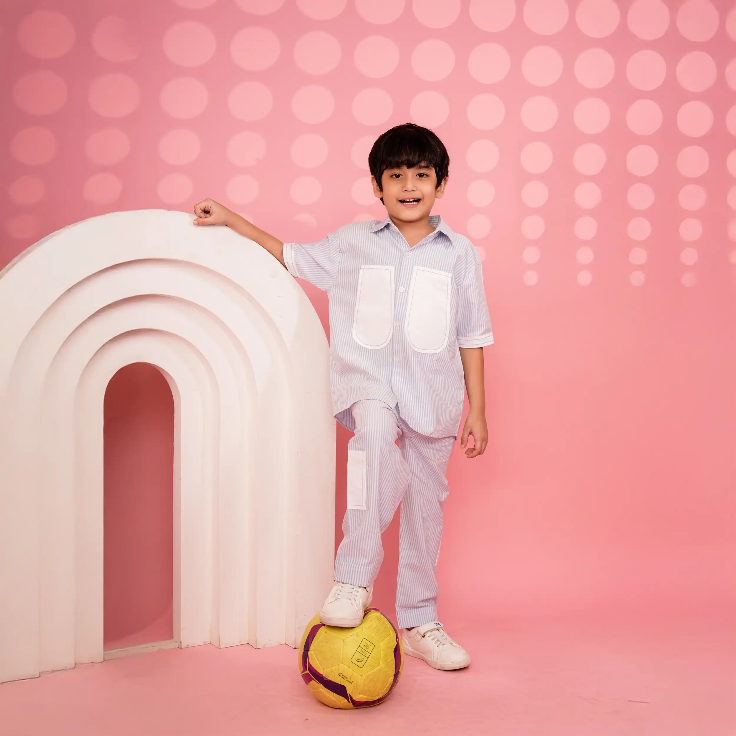 Sky Blue Striped  Co-ord Set With White Pocket Panels