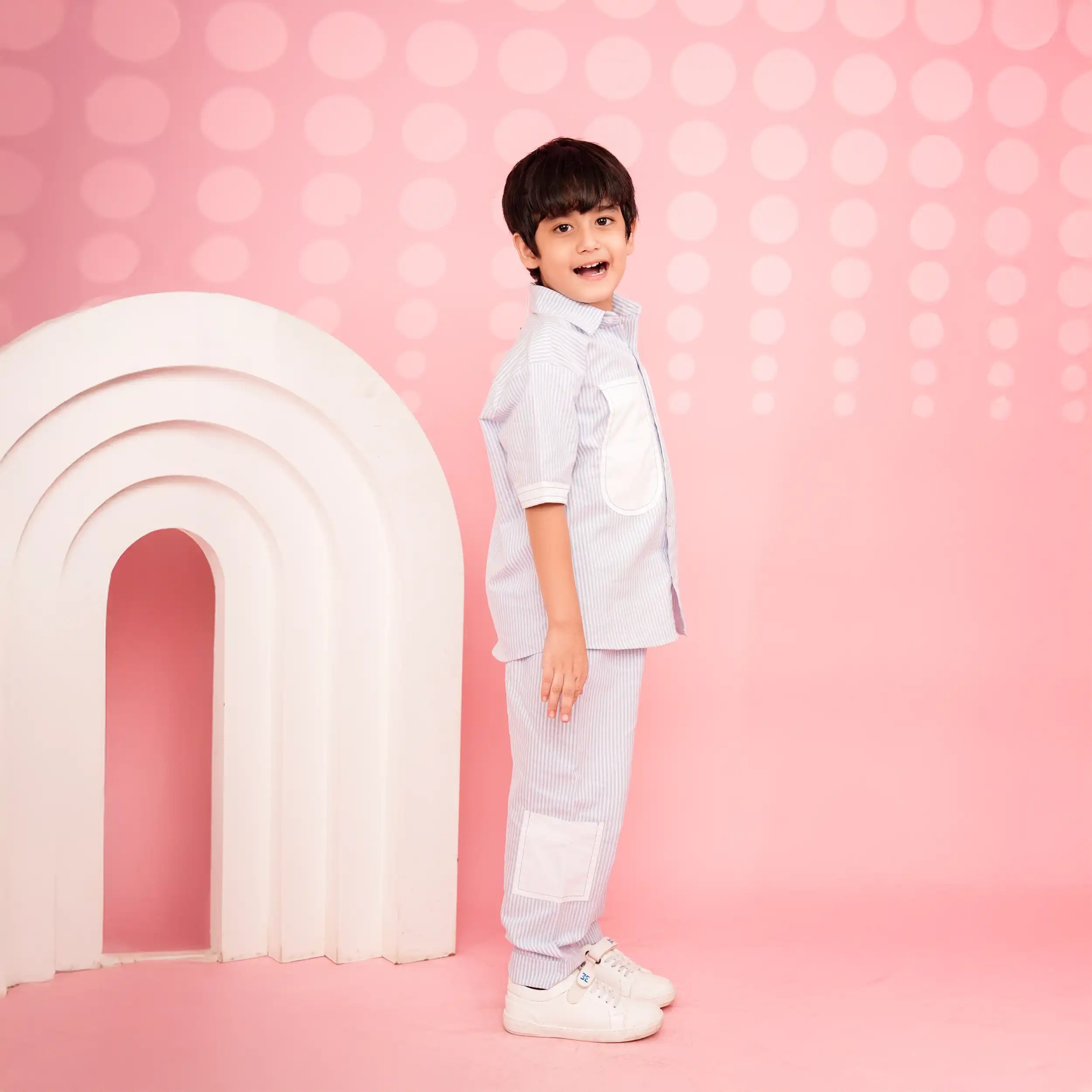 Sky Blue Striped  Co-ord Set With White Pocket Panels