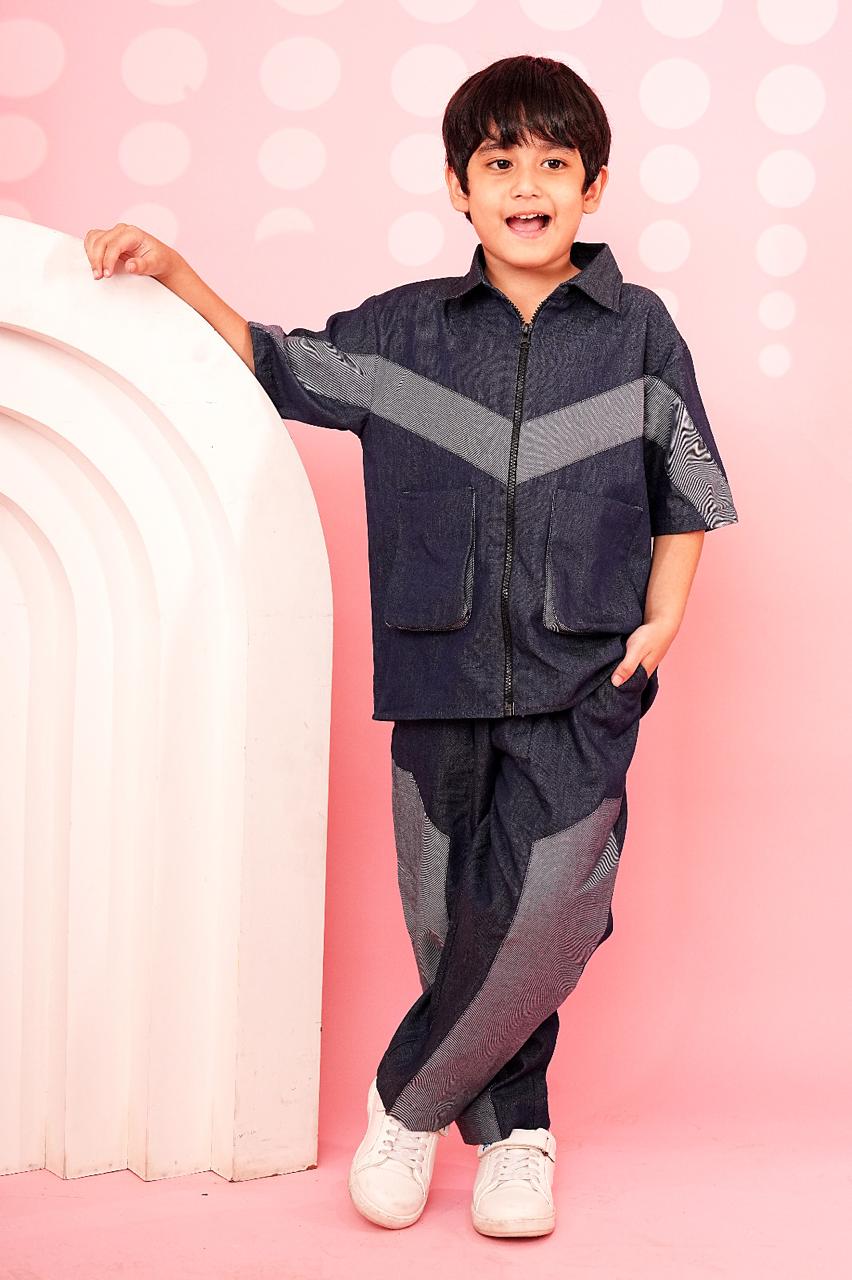 Contrast Panel V Patterned Denim Co-ord with Zip Shirt