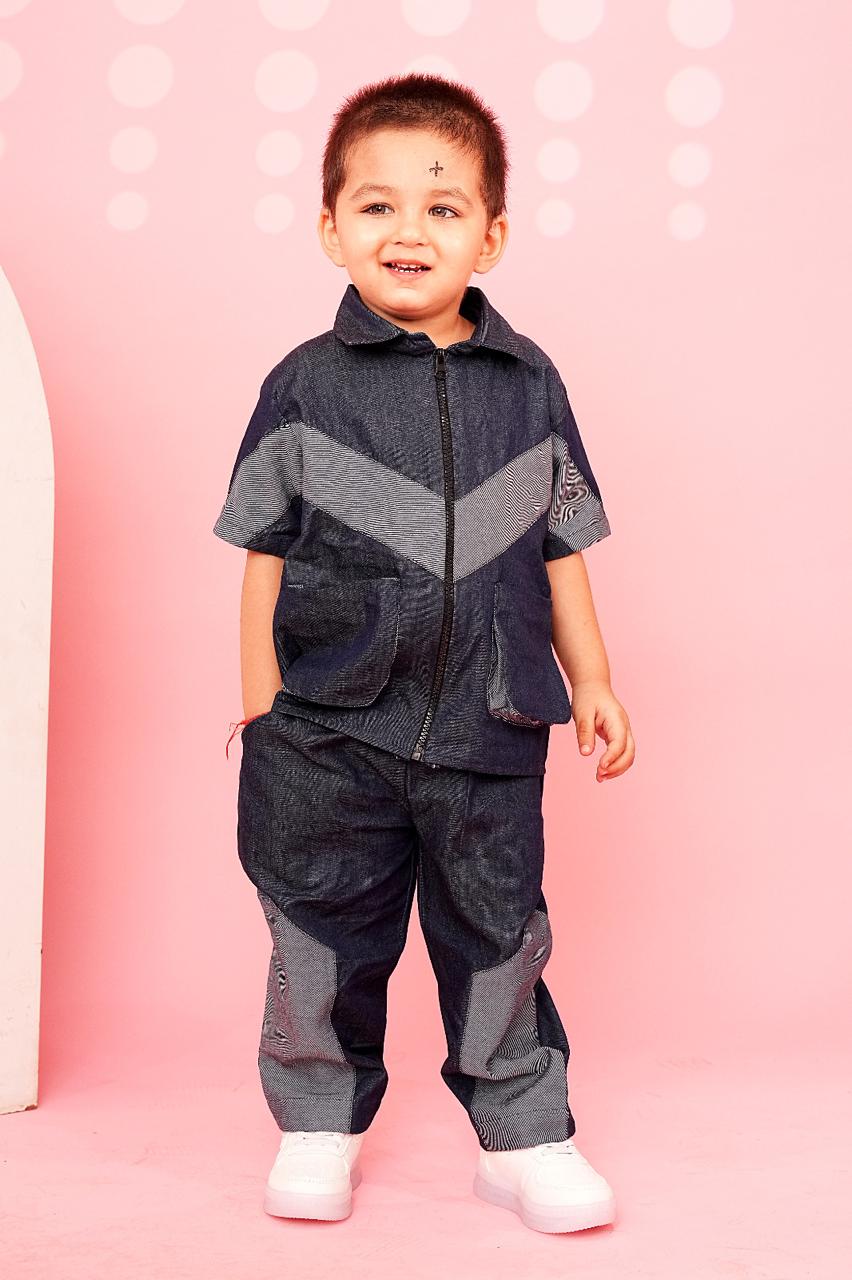 Contrast Panel V Patterned Denim Co-ord with Zip Shirt