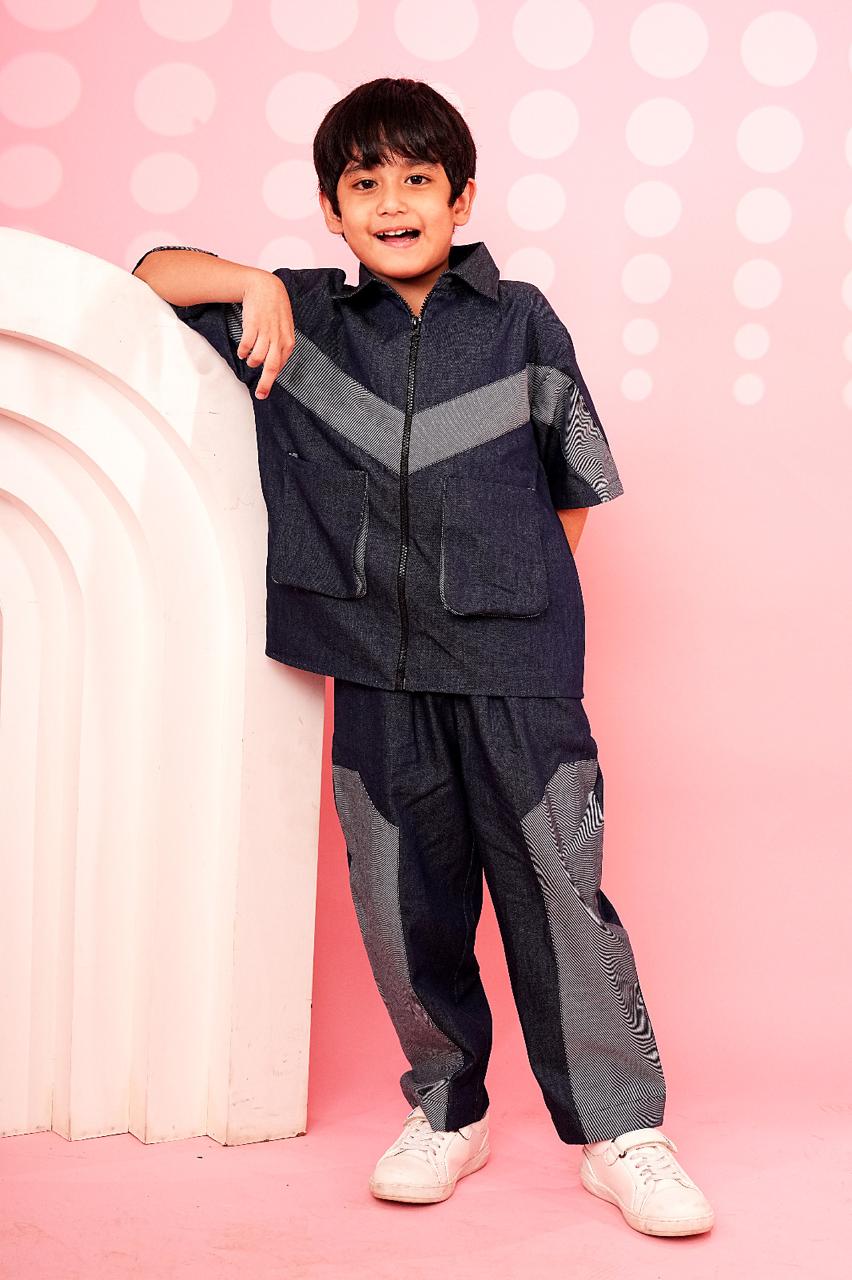 Contrast Panel V Patterned Denim Co-ord with Zip Shirt