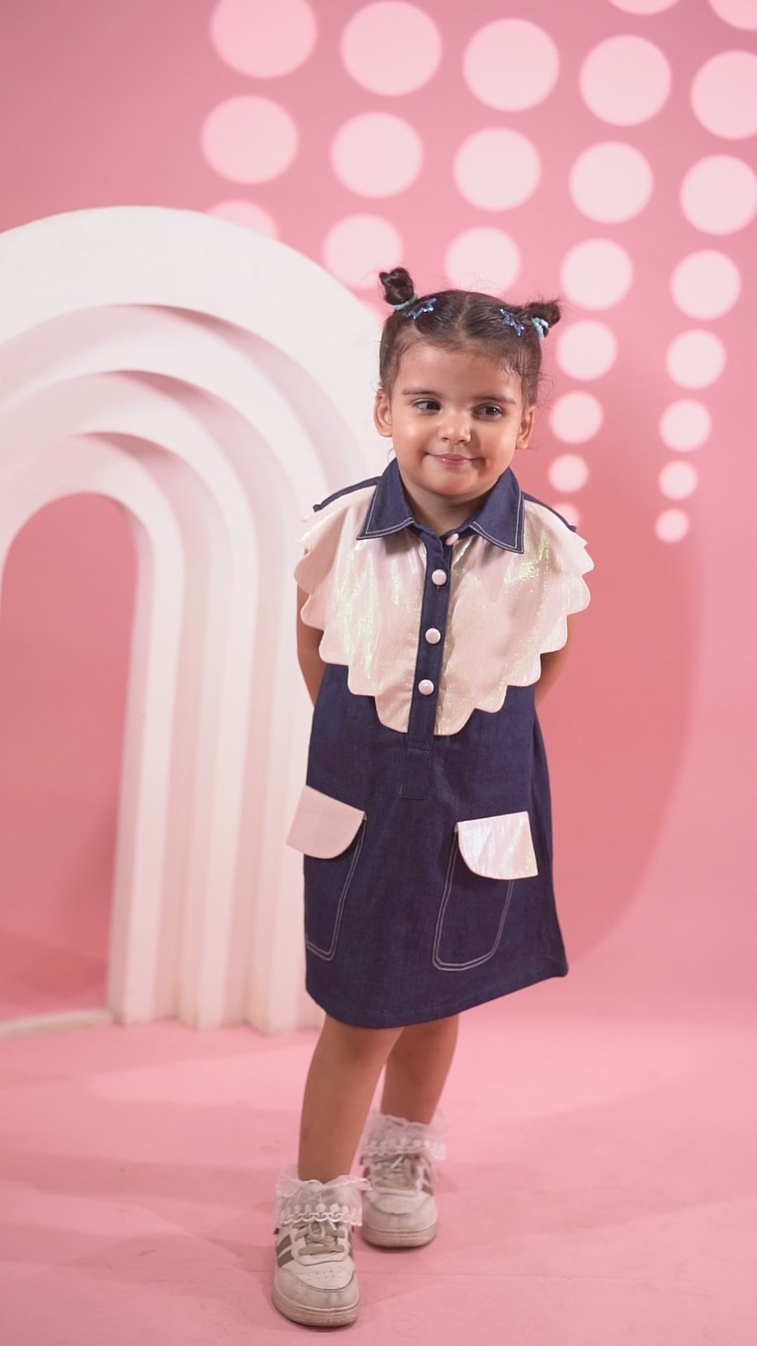 Blue Denim A-Line Dress with Scallop Sparkle Collar