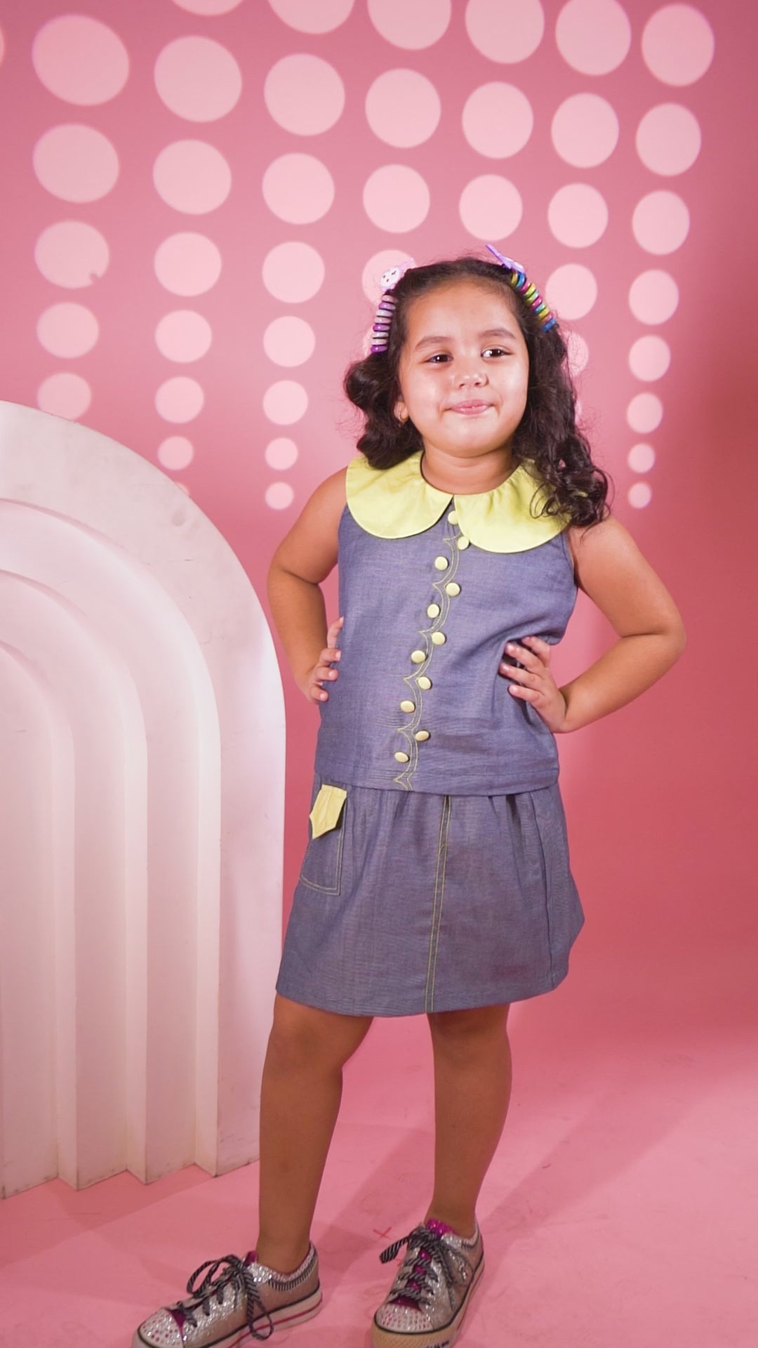 Denim Crop Top & Skirt Set with Neon Collar and Anchor Detailing