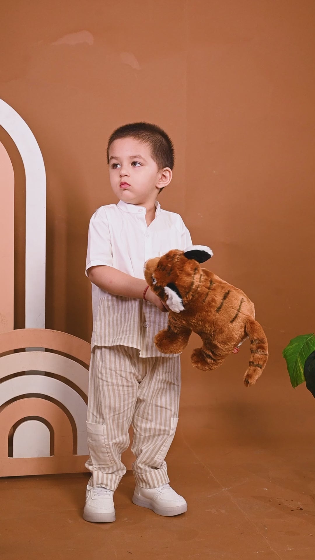 Beige & White Striped Chinese Collar Co-ord Set with Contrast Pockets