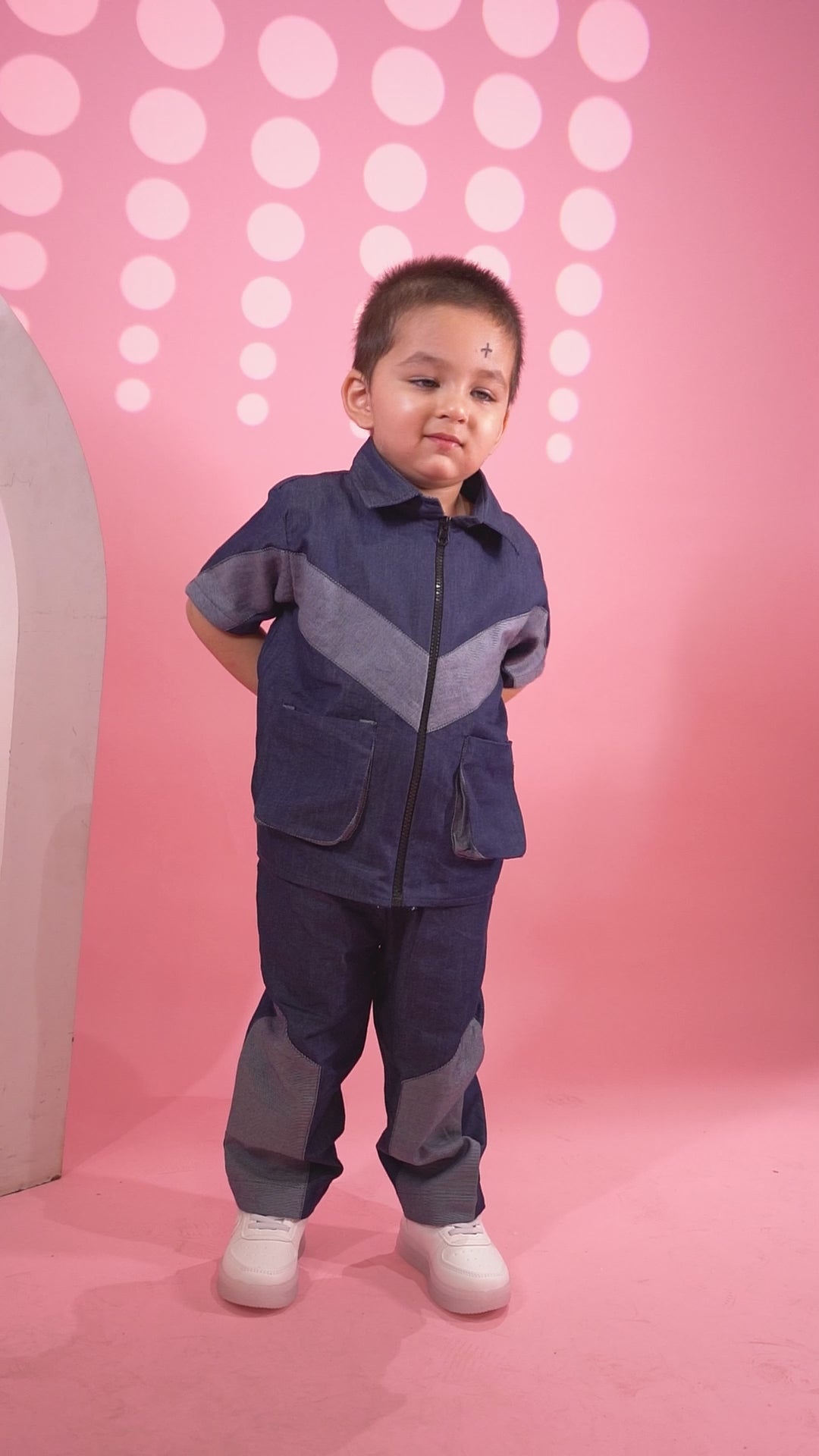 Contrast Panel V Patterned Denim Co-ord with Zip Shirt