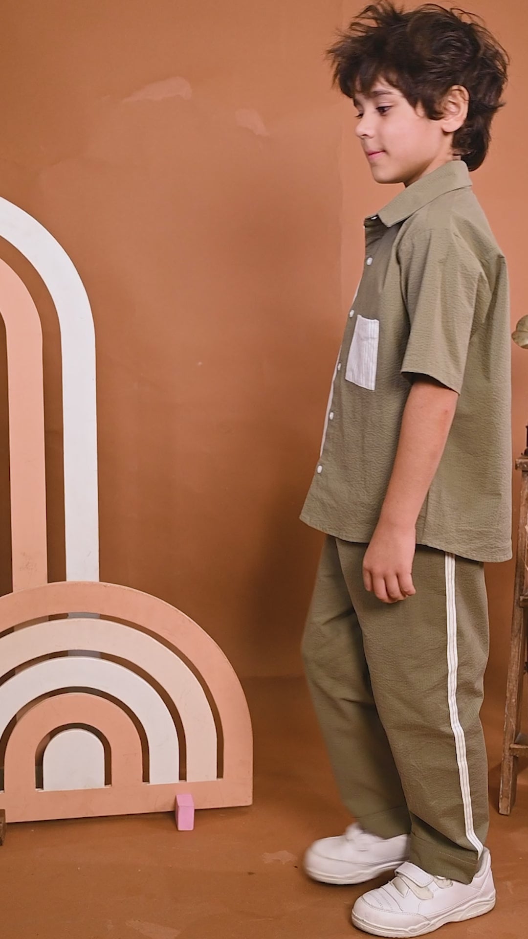 Olive Striped Cotton Co-ord Set in Half & Half Oversized Design