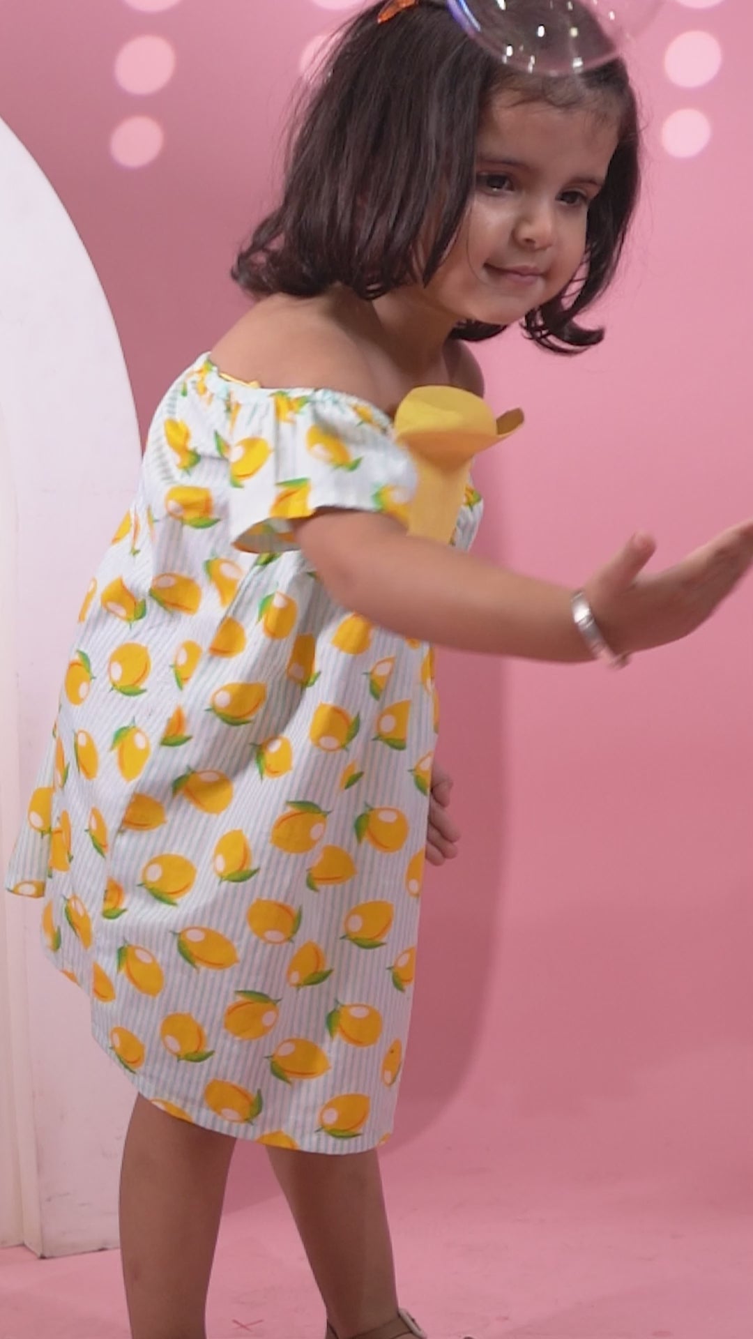 Lemon Striped Cotton Dress with Yellow Heart & Strappy Neck