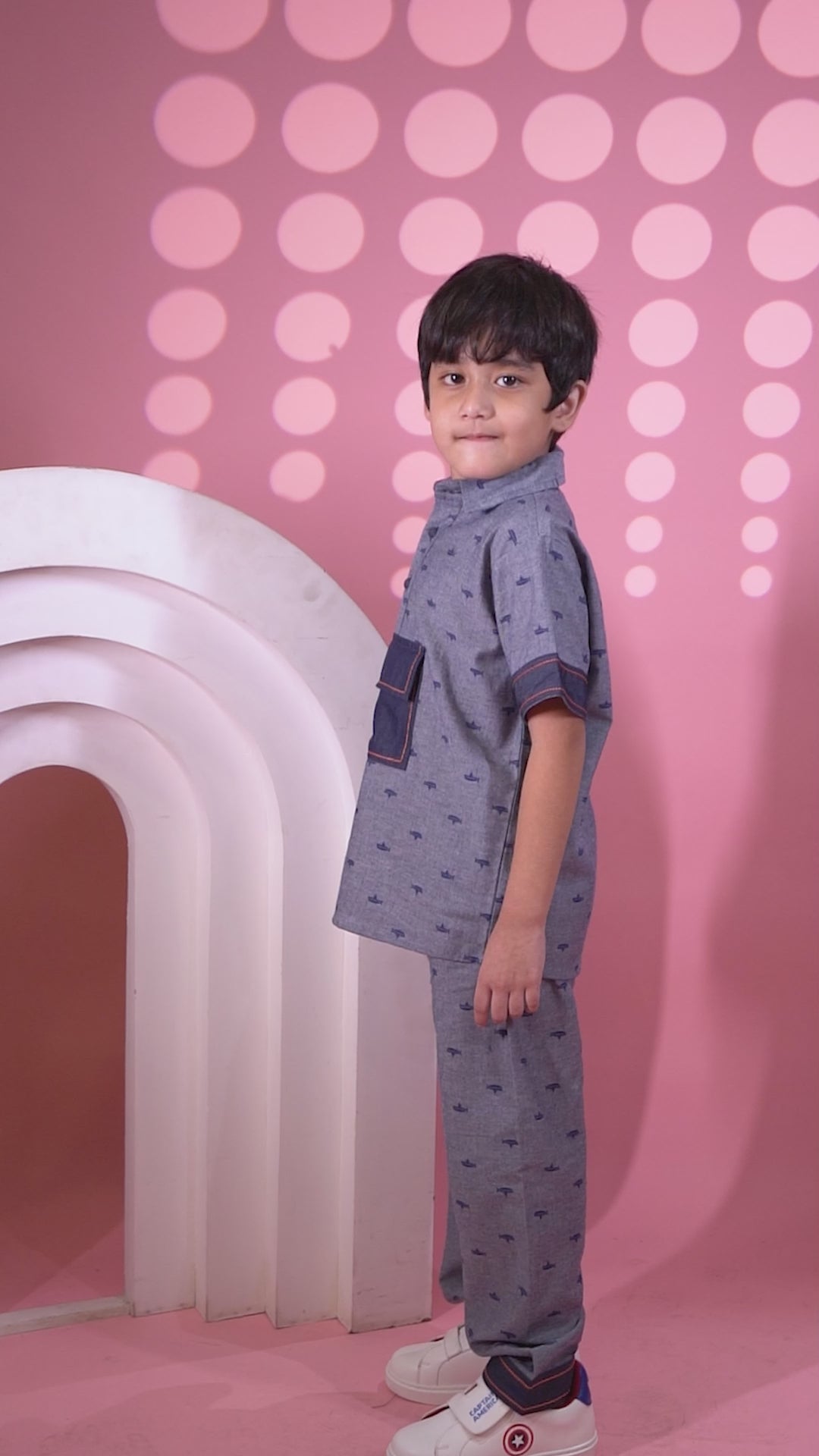 Boys’ Grey Denim  Co-Ord Set with Mini Ship Print and Contrast Pocket