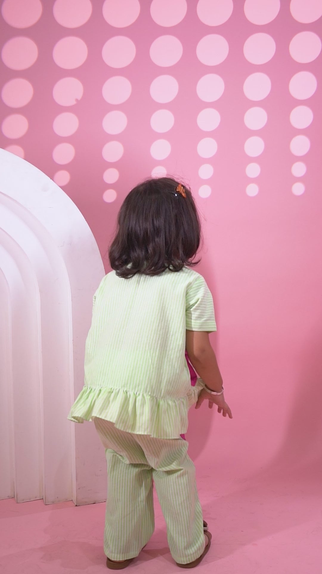 Green Stripe Ruffle Cotton Co-ord with Pink Heart Patches