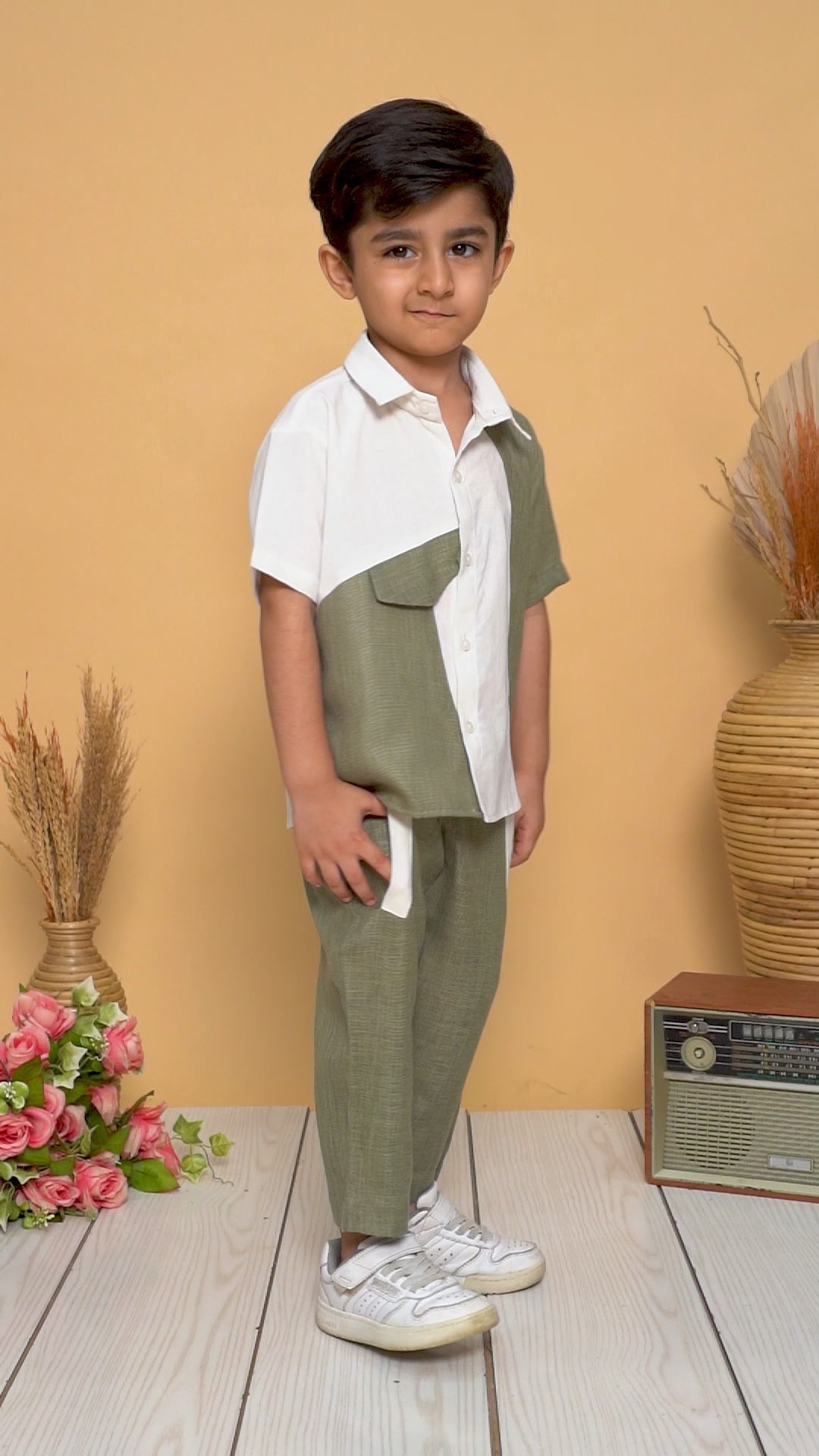 White & Olive Abstract Pure Linen Co-ord Set